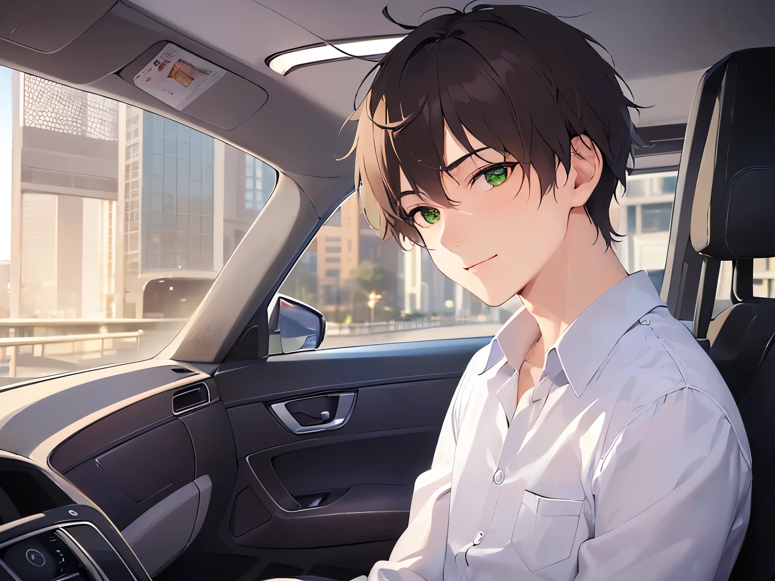 driving, high quality、masterpiece、(25 year old male with short brown hair and green eyes:1.5), wearing a white shirt、smile, Alone、The background is the interior of the car、Being in the driver's seat、Only the upper body is shown