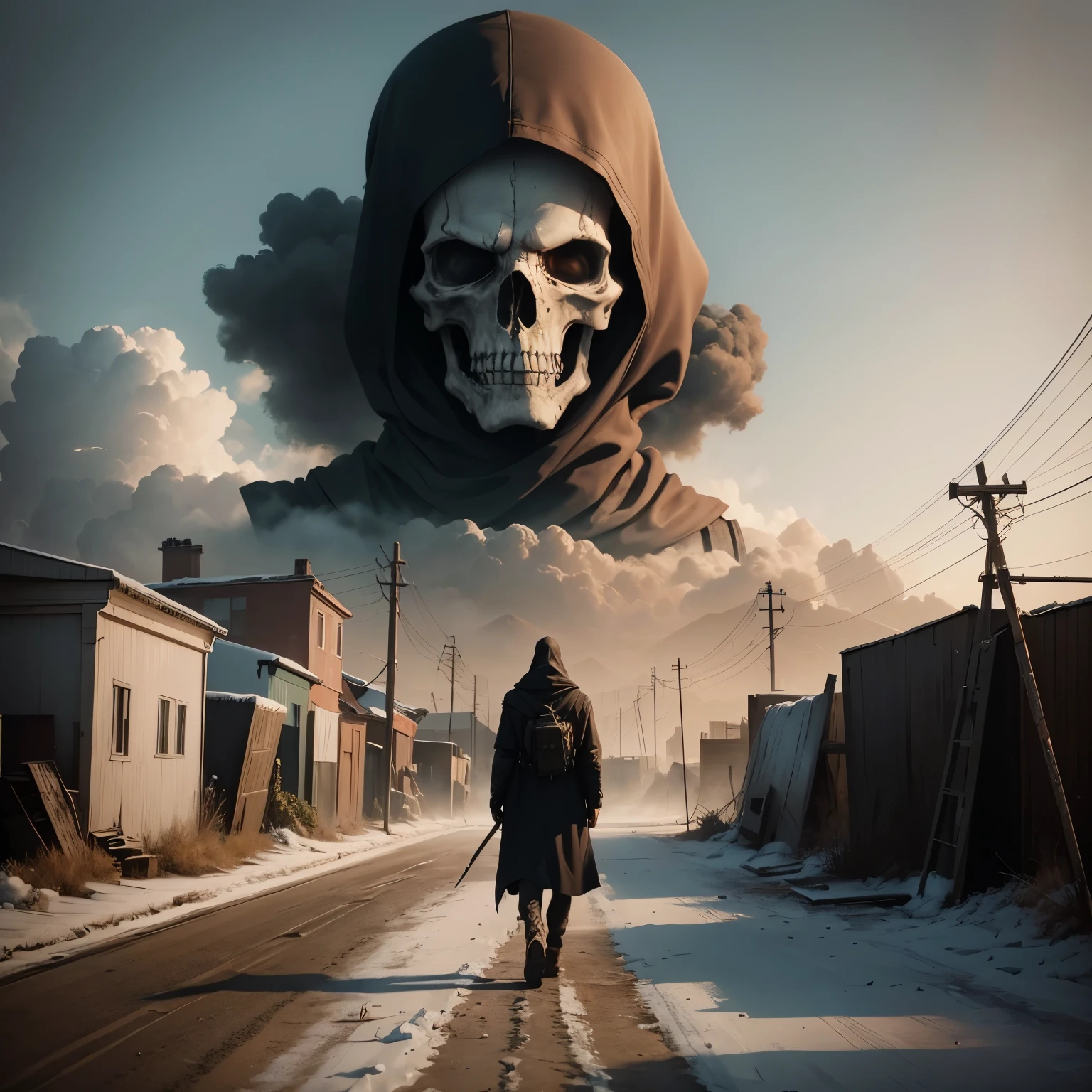 (a detailed depiction of) a grim reaper, (with) a holocaust in the background, (set in a) post-apocalyptic (world), (showcasing) best quality, ultra-detailed, (realistic) depiction (of the scene), (using) dark and desolate colors (to convey the) eerie and haunting atmosphere, (with) dramatic lighting (emphasizing) the despair and destruction. reddish sky and ambient, multiple nuclear explosions at distance, fires around.