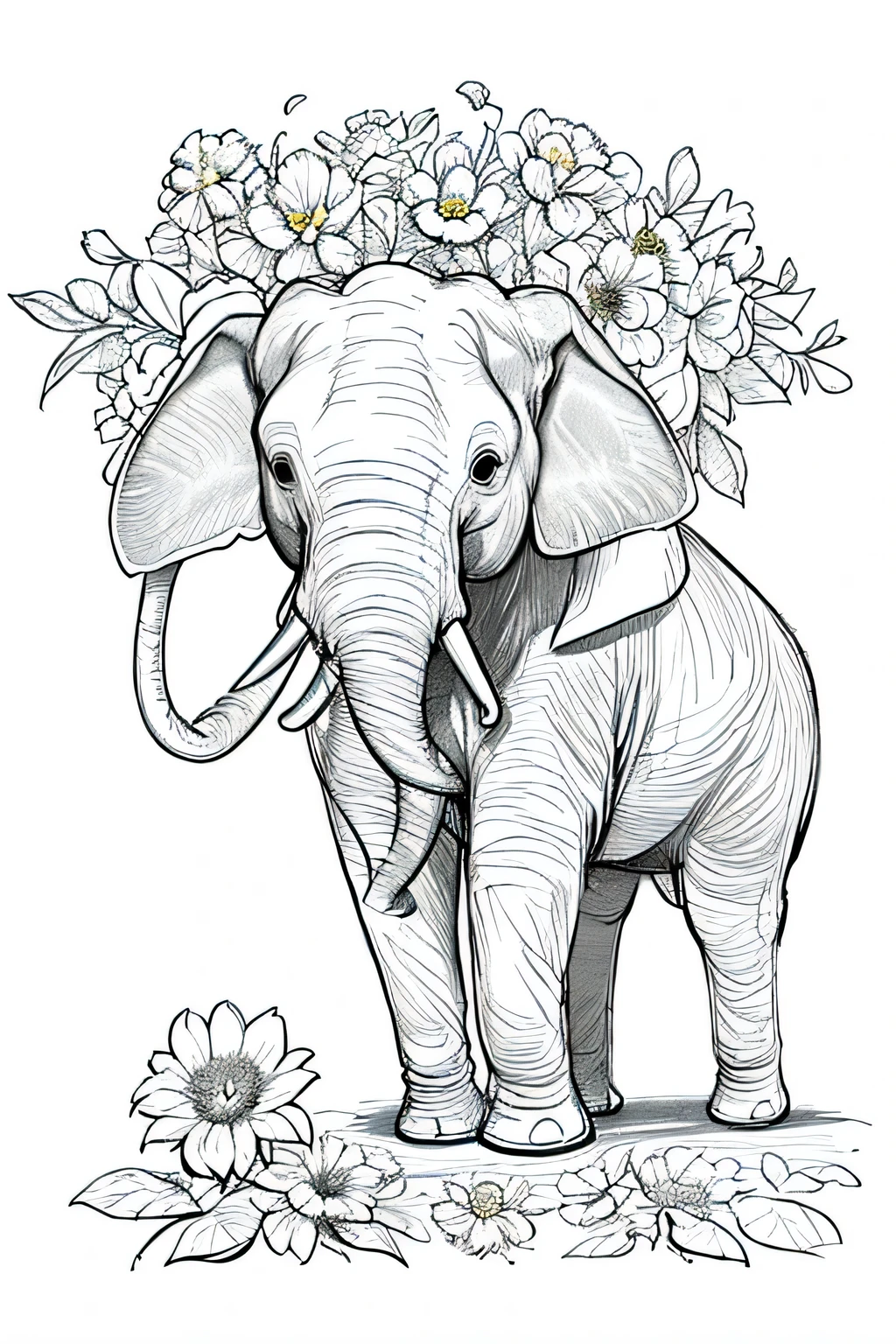 masterpiece, a elephant, flower line drawing background, white background, monochrome, line drawing, ((sketch))