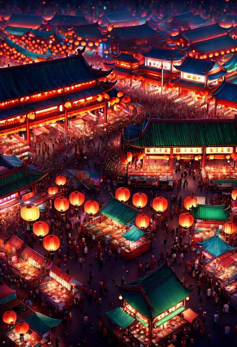 An aerial view of a vibrant Chinese night market with lanterns and crowds, atmospheric lighting, (best quality, masterpiece, Representative work, official art, Professional, Ultra detailed, 8k:1.3)