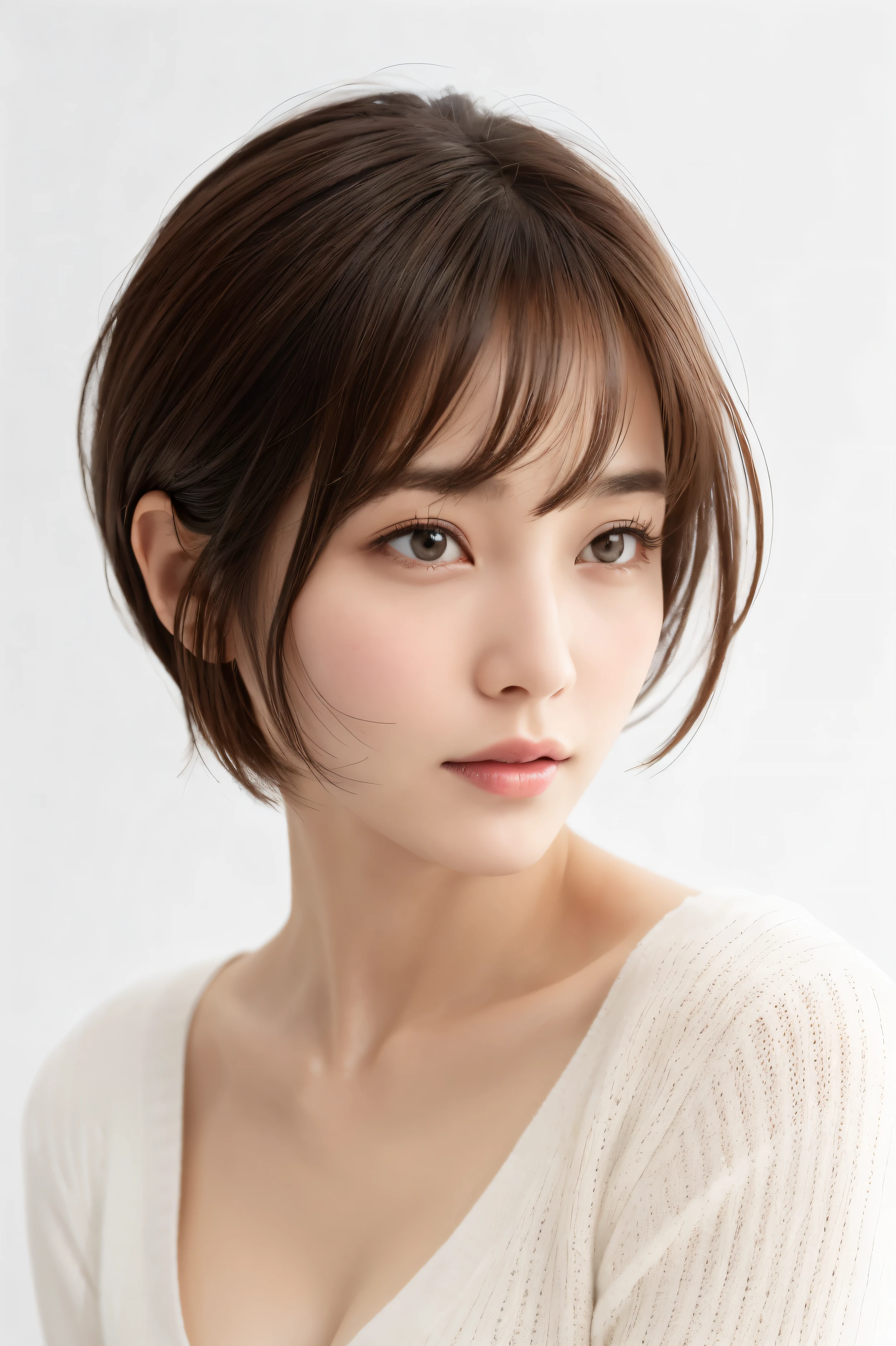 pixie cut,highest quality、40 years old japanese woman,professional photos、1 beauty、white knit、35mm lens、f1、cowboy shot、(white background:1.3)、upper body photo、hair catalog、brown hair、