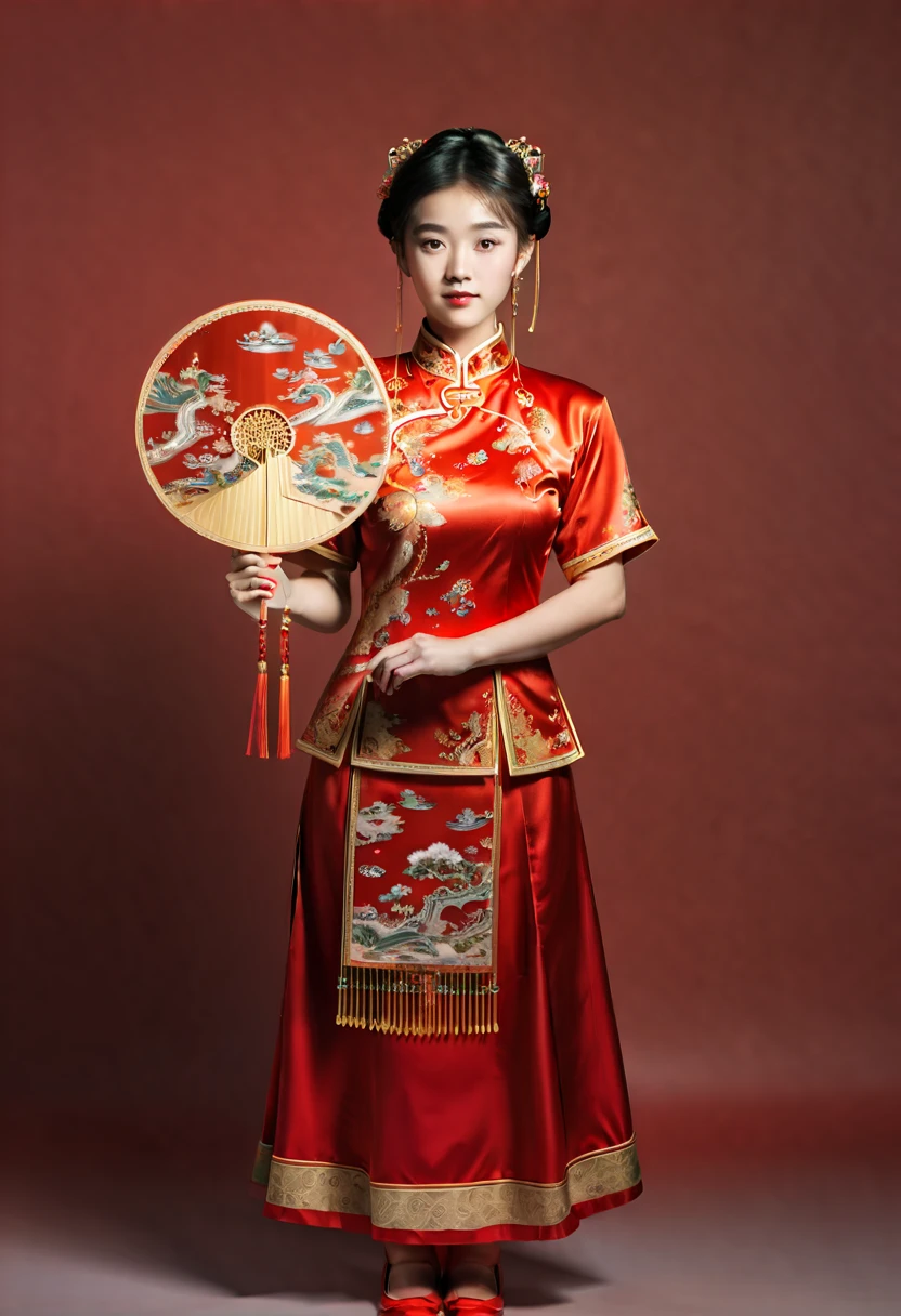 A Chinese young lady dressed in traditional clothing for the new year. She wears an elegant red qipao dress and hairpins. Her hands hold a decorative fan. She is posed indoors standing against a blank background. Studio lighting illuminates her festive outfit. Portrait photography inspired by heritage and cultural preservation, (best quality, masterpiece, Representative work, official art, Professional, Ultra detailed, 8k:1.3)