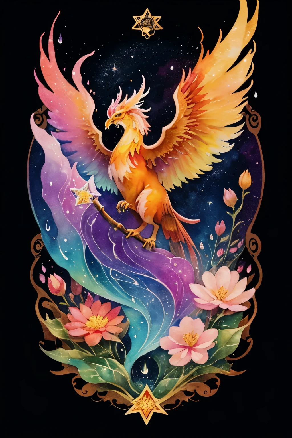 ((animal,watercolor painting,Phoenix,phoenix)),beautiful,beautiful,colorful flower art, front view, action shot, Bright colors, high detail, logo design, Neo-Traditional Tattoo Styles, 2D, planar vector, Character Design, fantasy art, watercolor paintingのテクニック,watercolor effect, glitter effect,colorful, Gentle water droplets floating on the petals,star, shine,tarot cards,digital painting, pop,fancy, sticker