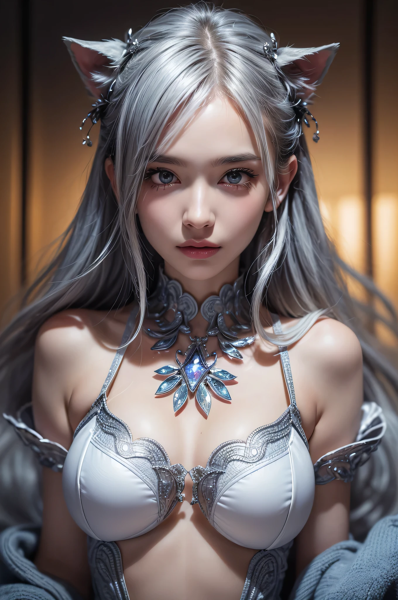 (Close-up:1.4)、(RAW photo:1.2)、(photorealistic:1.4)、(masterpiece:1.3)、(最high quality:1.4)、(Beautiful woman with perfect body:1.4)、solo、7 head and body、(cute face)、(cute:1.2)、(full body shot)、(big breasts:1.3)、(beautiful detailed eyes)、(charming big eyes)、(beautiful double eyelids)、(beautiful and detailed face)、(fantasy、Magic Effects、summoner:1.3)、(silver hair:1.2)、strong wind、See-through、wet with water、slender、small butt、beautiful feet、skinny legs、Surrealism、cinematic lighting、Depth of bounds written、first person perspective、ticker、muste piece、curate、(perfect ???????:1.2)、textured skin、super detail、high details、high quality、best quality、High resolution、8K、illumination、