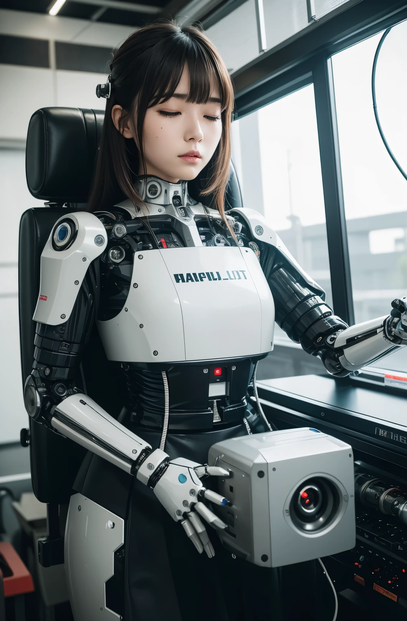 masterpiece, best quality, extremely detailed, Japaese android girl,Plump , control panels,android,Droid,Mechanical Hand, Robot arms and legs,Blunt bangs,perfect robot girl,long tube,thick cable connected her neck,android,robot,humanoid,cyborg,japanese cyborg girl ,future laboratory,robot laboratory,maintenance,connecting a cable between the legs,skirt, She is charging now,(sleep mode:1.5)(closing eyes:1.5)