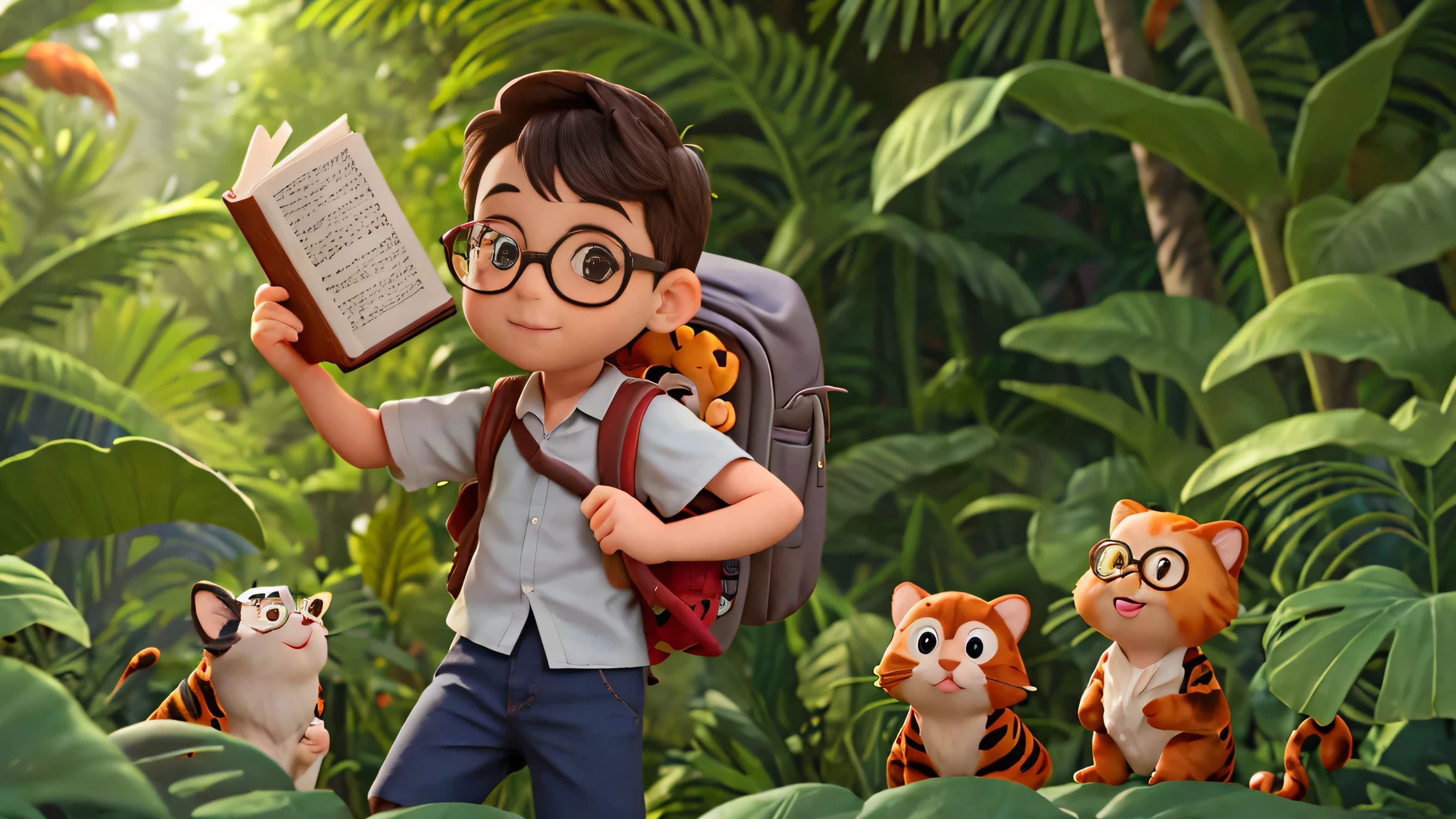 a boy with a backpack, holding a book, wearing glasses, amidst animals in the jungle, friendly scene