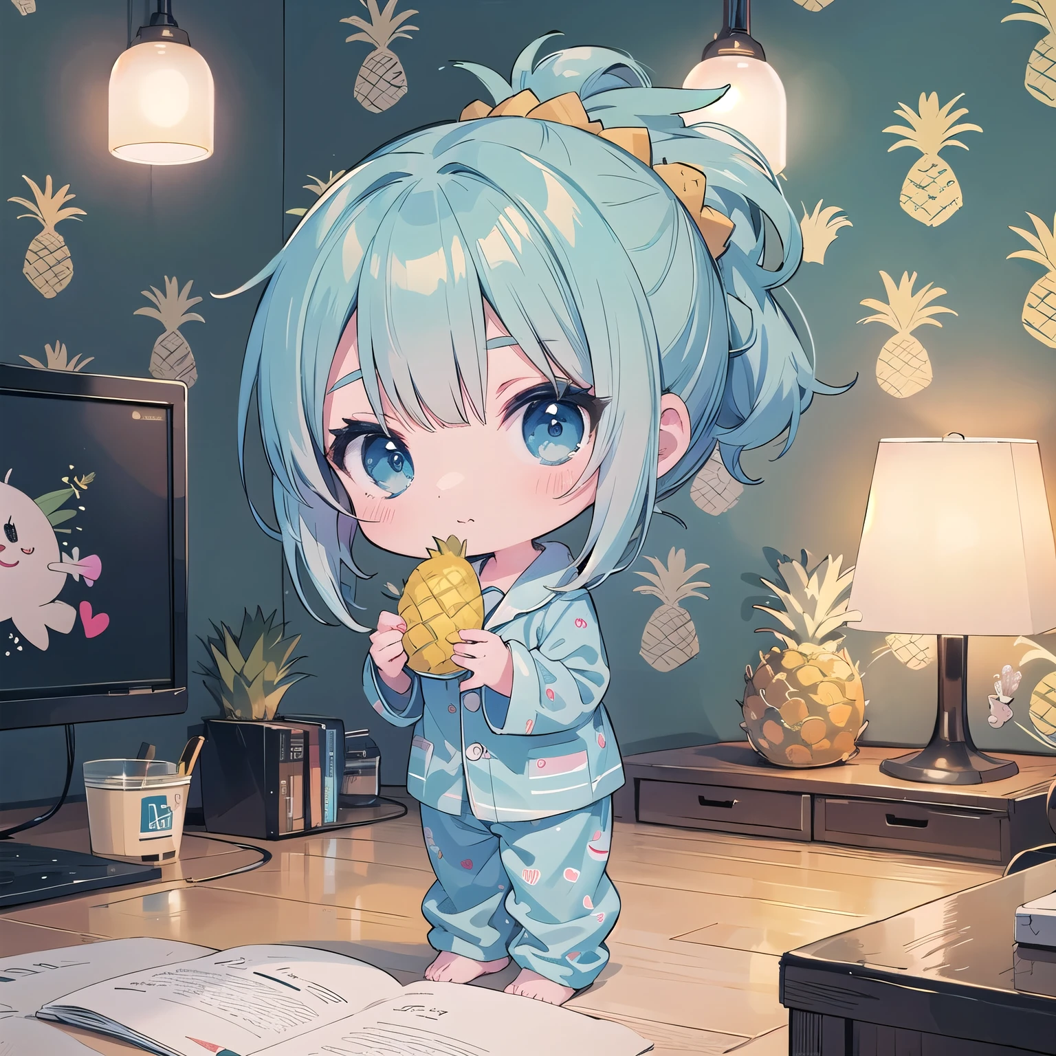 bedroom, chibi in one piece pajamas holding a pineapple, passion color, anime art wallpaper 8k, masterpeace, gweiz style artwork, soft anime illustration, gweiz art station pixiv, Google on Pix Art station, chibi , pineapple, light blue chignon hair,stay night,full body