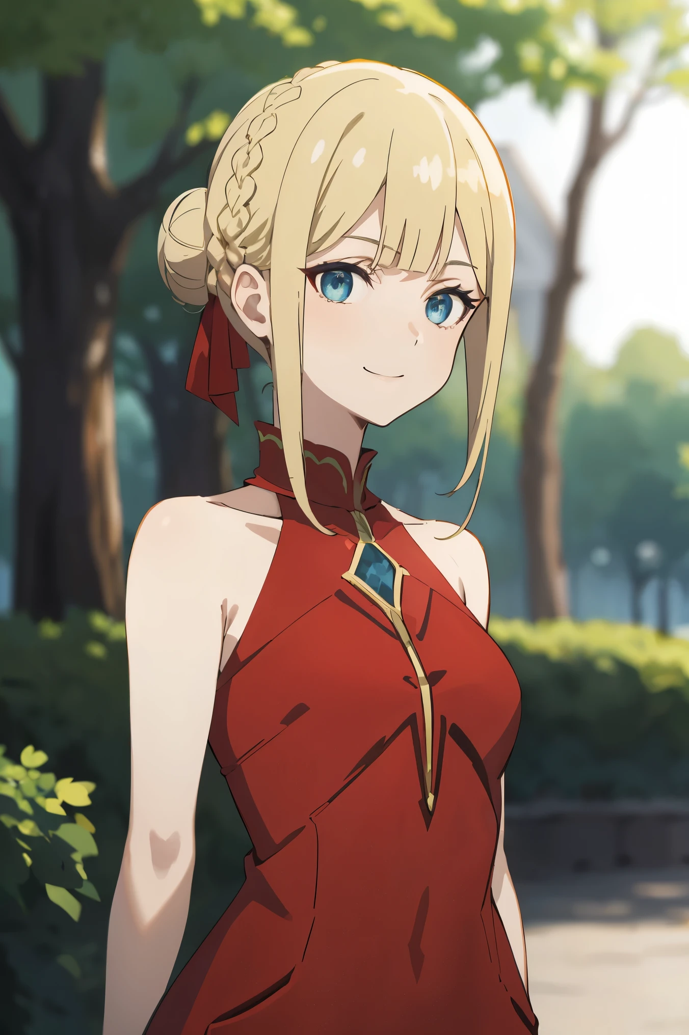 best quality, (masterpiece:1.2), detailed, blurry background,
reines el-melloi archisorte,
1girl, solo, ((upper body)), light smile,
blonde hair, blue eyes, short hair, braid, hair bun,
(red dress:1.4), bare shoulders,
standing, looking at the viewer,
In the park,