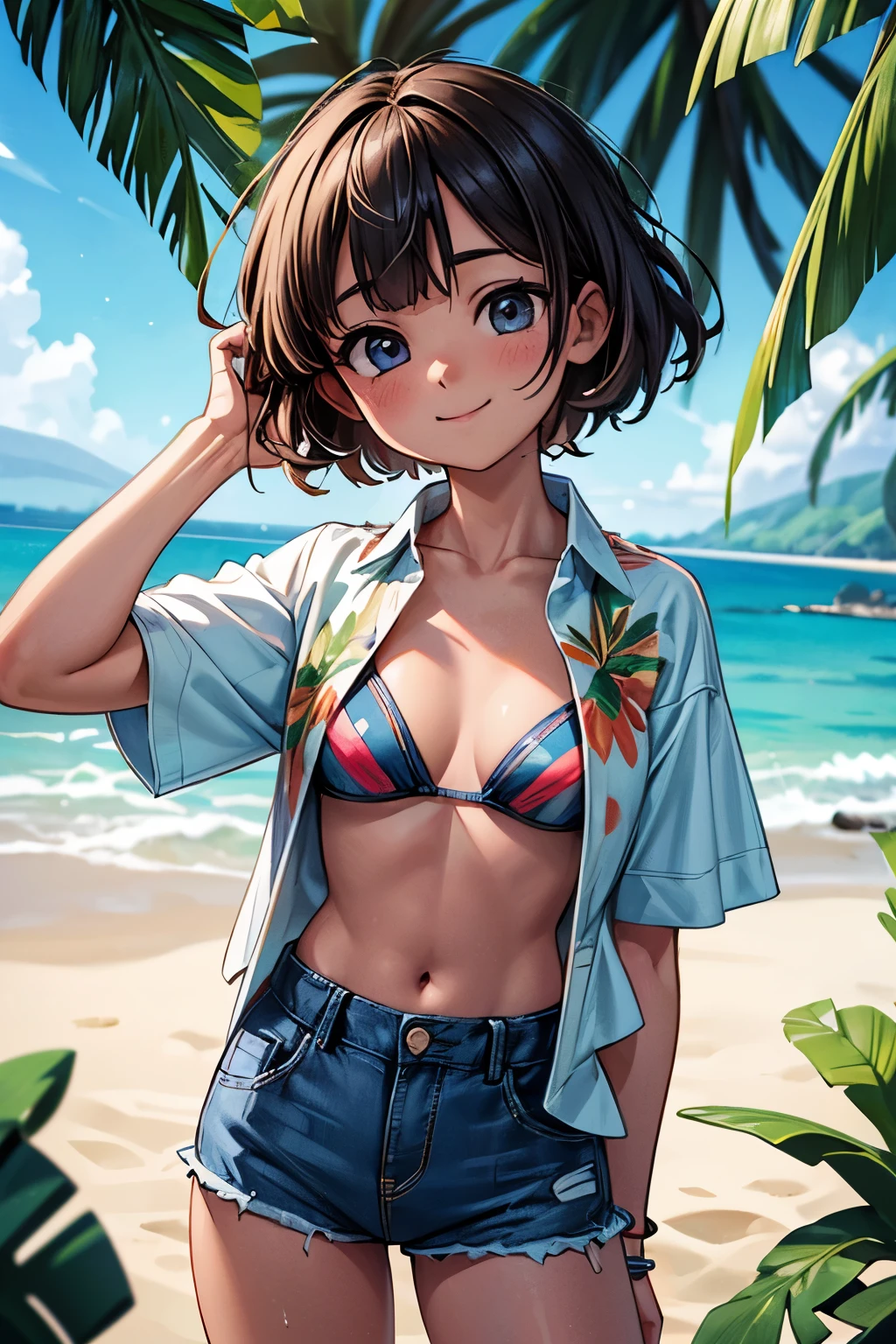 ((Masterpiece)), ((best quality)), (High Definition:1.3), (Professional Photography:1.2), (short sleeve hawaiian shirt, aloha shirt:1.3), (open shirt:1.4), happy smile, denim hotpants, pale thighs, (beautiful teenage girl), beach, blue sky and sea, looking at viewer, (small waist), 8k, official art, raw photo, incredibly absurdres, facelight, dynamic lighting, cinematic lighting, (bikini top), ultra realistic, highres, film grain, chromatic aberration, sharp focus, highest detailed, (palm tree), extremely detailed eyes and face