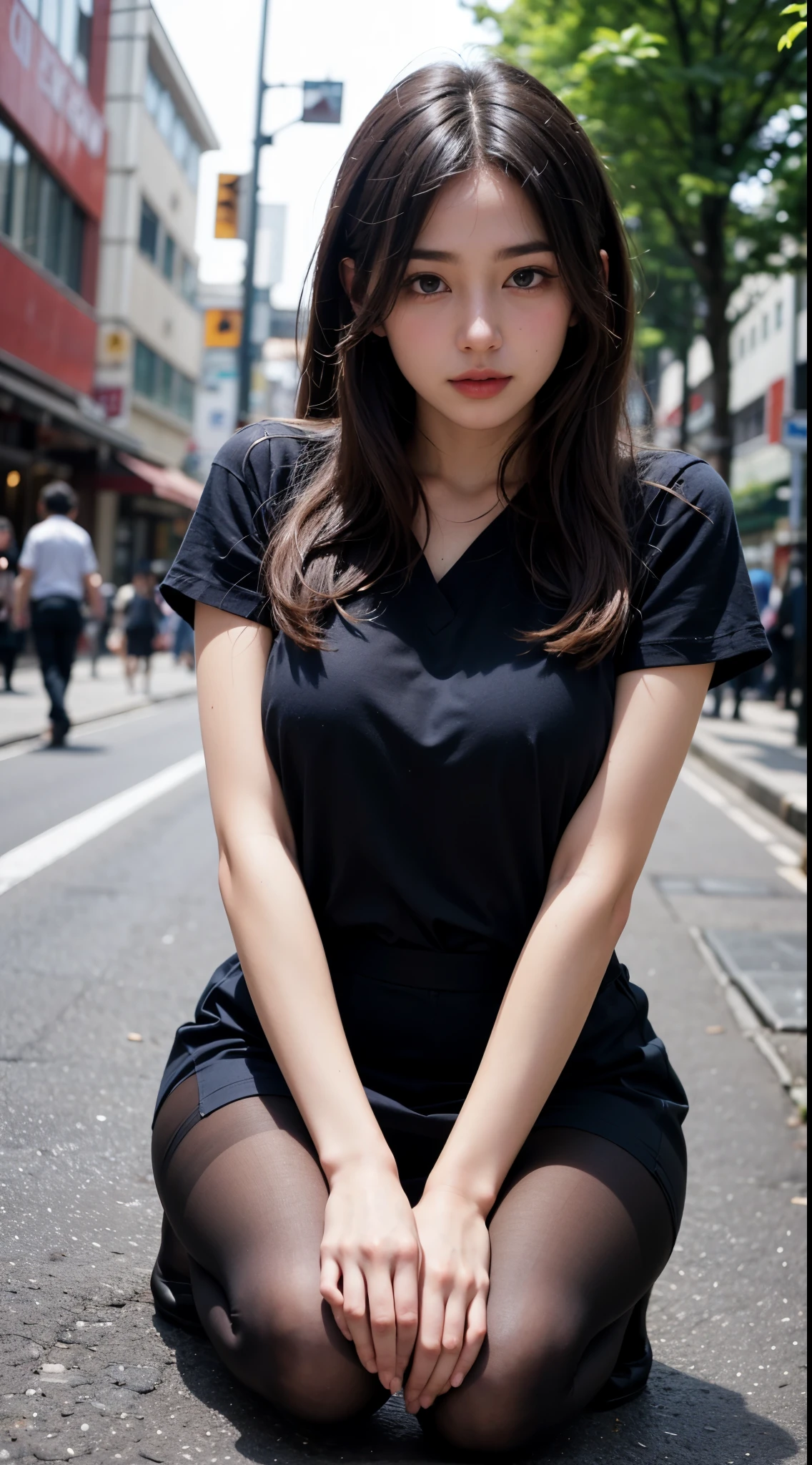 move the center of gravity backwards, put both hands in front of both feet, Place your feet in the circle of your hands, pretty embarrassing, No panties, thin legs, Tight Skirt, 90 degree knees, put the heel on the ground, hands in front of feet, hug your legs, kneel down, sidewalk, RAW photo, 8K, highest quality, ultra high resolution, Beautiful face in every detail, ideal skin, gentle expression, Front view, angle from below, long hair, realistic, cute, short skirt, Crouch deep in the city, cute , (日本の制服を着た超realistic女子高生), whole body,big breasts,big breasts,(beautiful and detailed eyes),(loafers),(black very transparent stockings),(pantyhose)