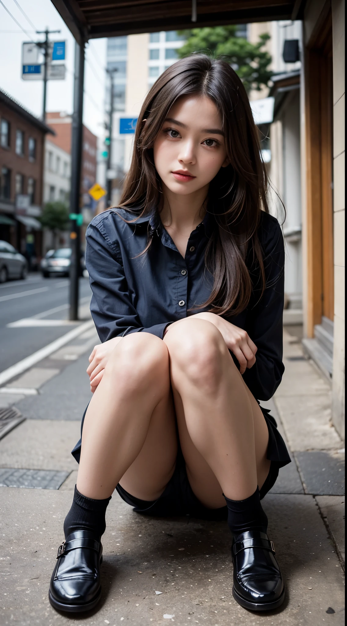 move the center of gravity backwards, put both hands in front of both feet, Place your feet in the circle of your hands, pretty embarrassing, No panties, thin legs, Tight Skirt, 90 degree knees, put the heel on the ground, hands in front of feet, hug your legs, kneel down, sidewalk, RAW photo, 8K, highest quality, ultra high resolution, Beautiful face in every detail, ideal skin, gentle expression, Front view, angle from below, long hair, realistic, cute, short skirt, Crouch deep in the city, cute , (日本の制服を着た超realistic女子高生), whole body,big breasts,big breasts,(beautiful and detailed eyes),(loafers),(black very transparent stockings),(pantyhose)