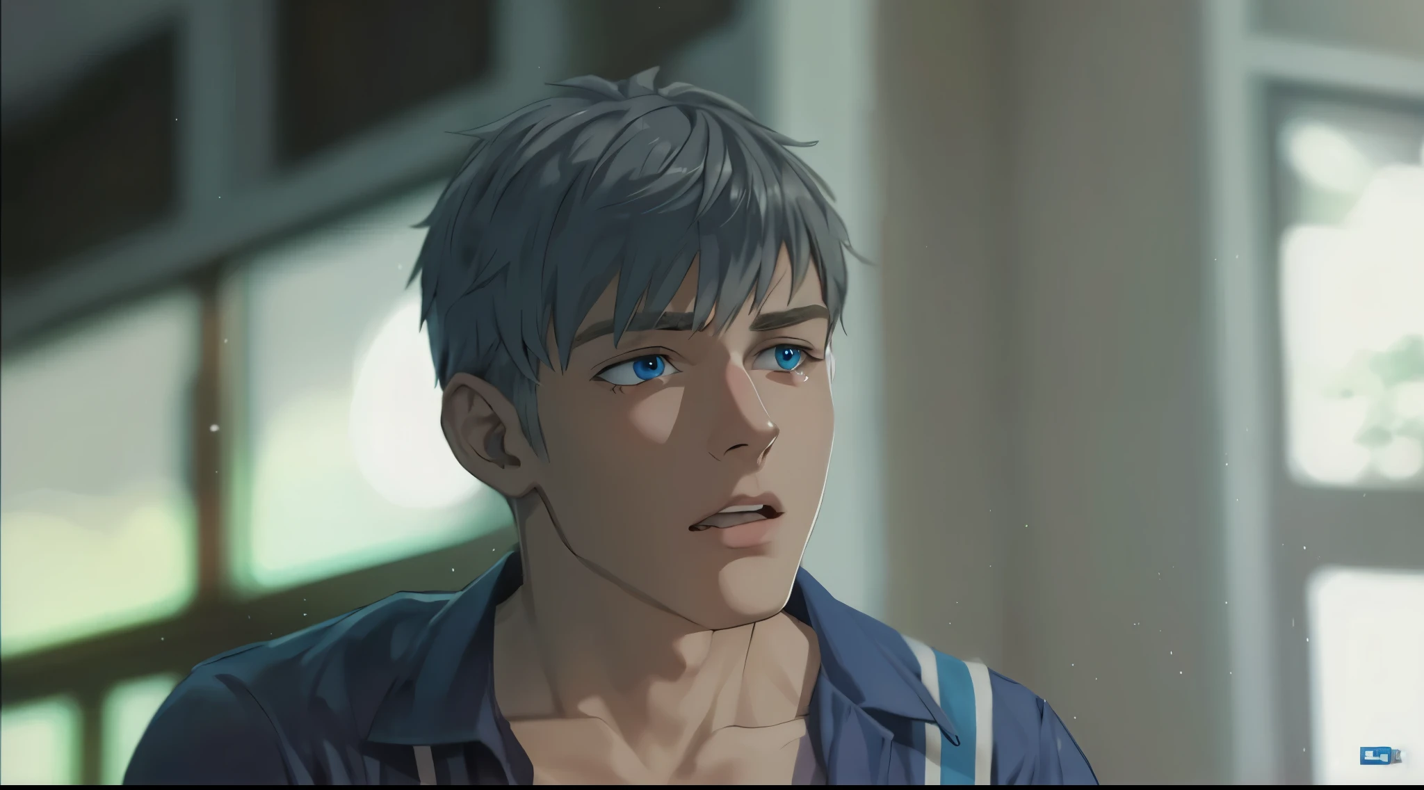 18 year old young man listening to someone, he has silver hair, blue eyes, he is somewhat surprised.