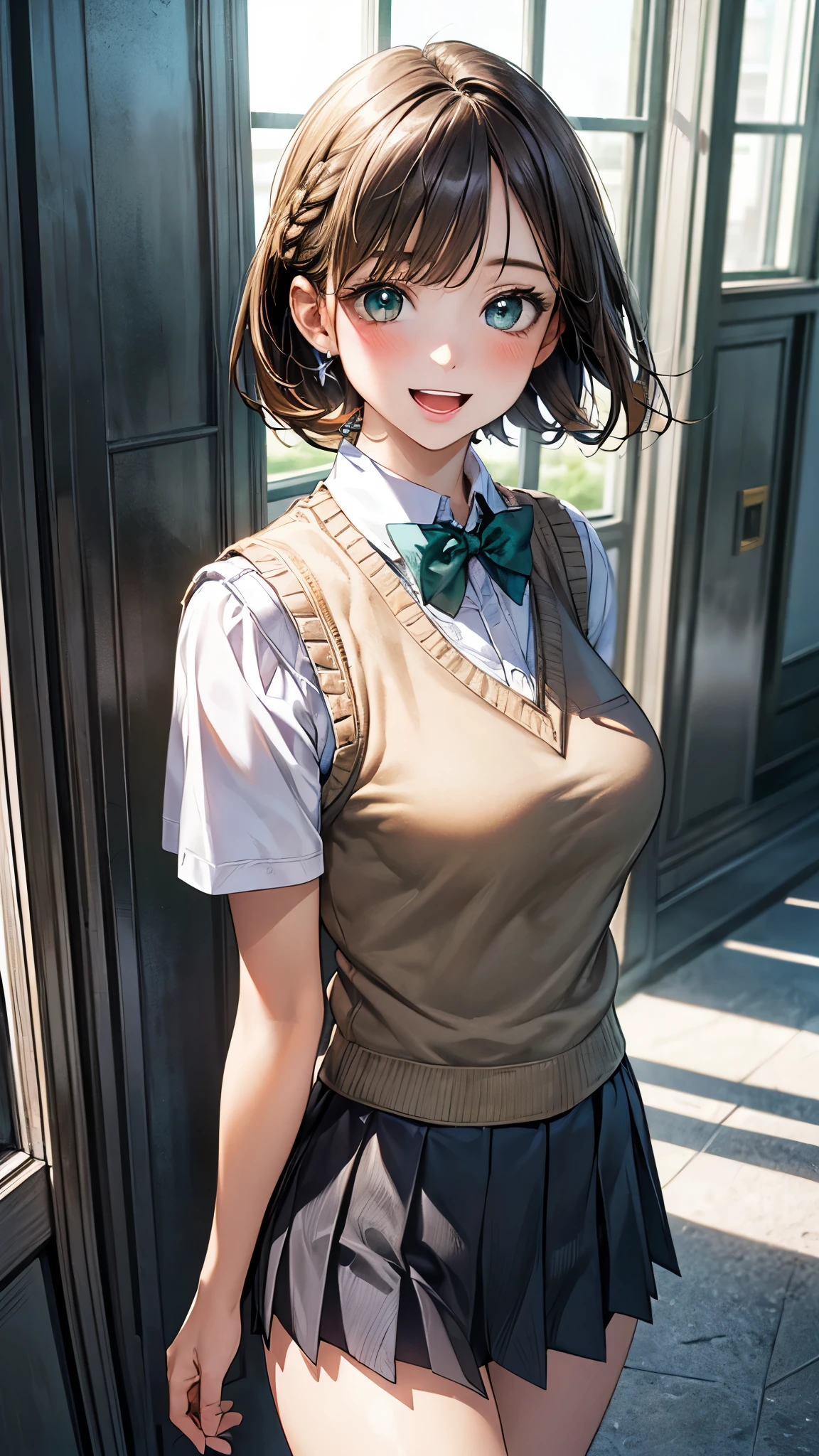 (masterpiece:1.2, top-quality), (realistic, photorealistic:1.4), beautiful illustration, (natural side lighting, movie lighting), 
looking at viewer, upper body, 1 girl, japanese, high school girl, , perfect face, cute and symmetrical face, shiny skin, 
(short hair, braid, light brown hair), bangs, emerald greeneyes, big eyes, long eye lasher, (medium breasts), 
beautiful hair, beautiful face, beautiful detailed eyes, beautiful clavicle, beautiful body, beautiful chest, beautiful thigh, beautiful legs, beautiful fingers, 
((white collared shirts, light blue bow tie, dark grey pleated mini skirt, yellow grown knitted vest)), 
(beautiful scenery), evening, (school hallway), walking, (breast grab), ((;d)),