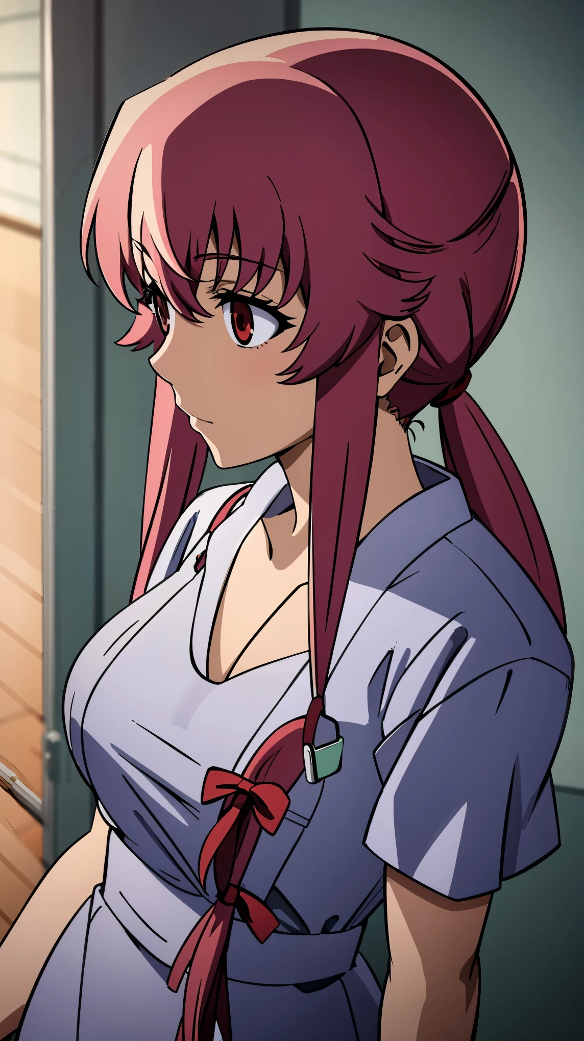 anime_still, masterpiece, best quality, 1girl, Gasai Yuno,large breasts, red eyes, (hospital gown:1.5), Psychiatric hospital, insane, ((padded room)), asylum, 