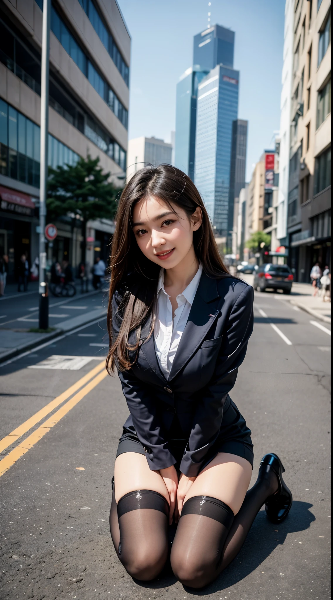 move the center of gravity backwards, put both hands in front of both feet, Place your feet in the circle of your hands, pretty embarrassing, No panties, thin legs, Tight Skirt, 90 degree knees, put the heel on the ground, hands in front of feet, hug your legs, kneel down, sidewalk, RAW photo, 8K, highest quality, ultra high resolution, Beautiful face in every detail, ideal skin, gentle expression, Front view, angle from below, long hair, realistic, cute, short skirt, Crouch deep in the city, cute顔 , (日本の制服を着た超realistic女子高生), whole body,big breasts,big breasts,(beautiful and detailed eyes),(loafers),(black very transparent stockings),(pantyhose),smile,black jacket, mini skirt, shirt, open clothes, black skirt, collared shirt