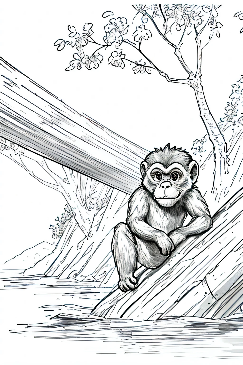 masterpiece, a monkey, in river line drawing background, white background, monochrome, line drawing, ((sketch))