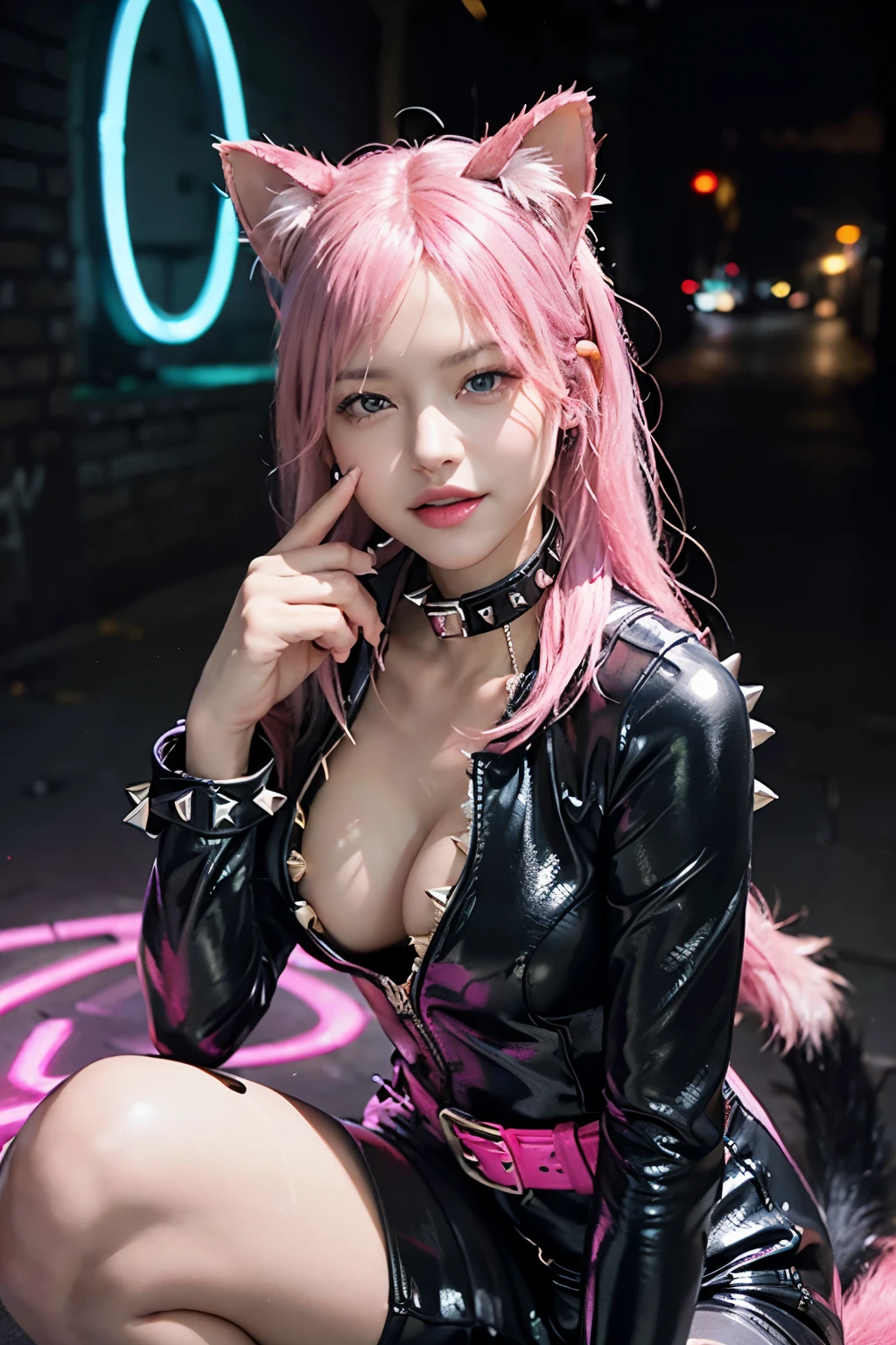 (8K, top-quality, masterpiece:1,2), (reallistic, Photorealsitic:1.37), Super Detail, One girl,), (Highly detailed), (beautifully detailed eyes), (of the highest quality), (super detailed ), (masterpiece), (Detailed face),20yr old, ,1 girl, ((pink hair,long hair)), medium breasts, clothed, Perfect Lighting, BREAK (shiny leather catsuit:1.4), (rainbow color:1.3), (large cleavage:1.2), (tail:1.2), (belt with items:1.2), (black high heels with spikes:1.3), (cat ears and collar set:1.4), (big gem on collar:1.2), BREAK (pink lipstick:1.2), (seductive smile:1.3), (tongue out:1.2), (holding item on belt:1.2), (touching gem on collar:1.2), (tail pointing at camera:1.2), (upper body close-up:1.4), (dark alley with neon signs and graffiti:1.3), (spotlight on face and chest:1.4), (white or neon yellow light:1.3), (blur background:1.2)
