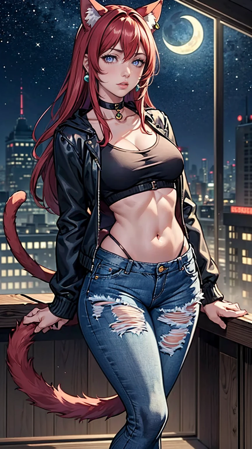 ((((masterpiece, (dark purple eyes))), ((Extremely detailed, ambient soft lighting, 4k, perfect eyes, a perfect face, perfect lighting, a 1girl, animal ears, black thighs, (cat ears, cat's ear cat tail), closed mouth, collarbone, Covered, crop-top, facial mark, ((neck, jacket, mini short, short jeans, mini short jeans)), lips, looking to viewer, 独奏, tail, Curvy hips, Lush, tights in a mesh)), standing on a tower, cityscape in the background with church, (starry night), crescent moon)), TakashiroHiroko, 1girl, mature woman, alone, cowboy shot, looking at viewer, blushing, dark purple eyes, long hair, red hair, earrings, jewelry