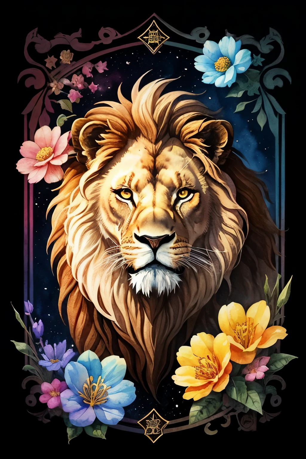 ((animal,watercolor painting,lion,cool)),beautiful mane,beautiful,colorful flower art, front view, action shot, Bright colors, high detail, logo design, Neo-Traditional Tattoo Styles, 2D, planar vector, Character Design, fantasy art, watercolor paintingのテクニック,watercolor effect, glitter effect,colorful, Gentle water droplets floating on the petals,star, shine,tarot cards,digital painting, pop,fancy, sticker