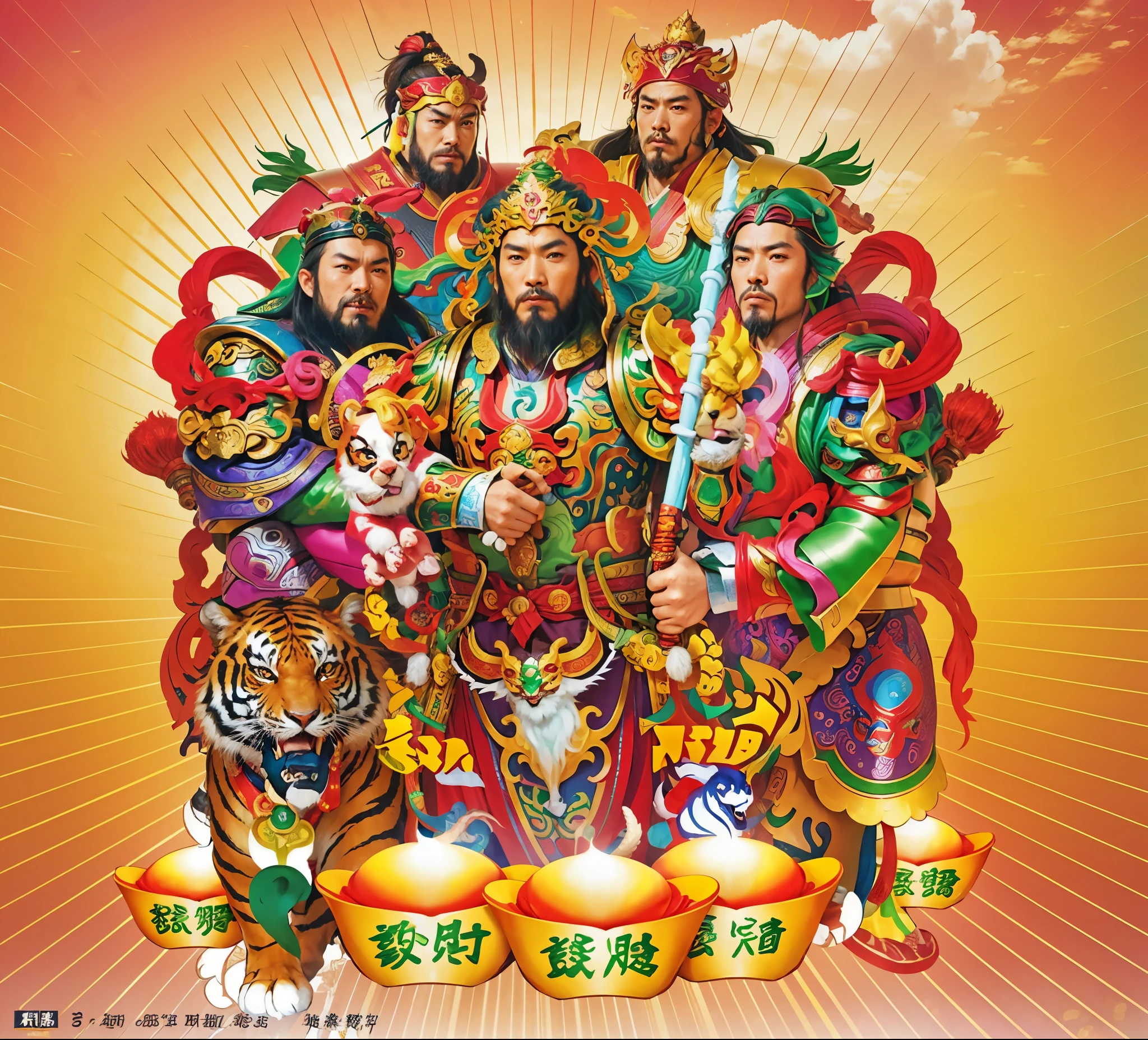 a close up of a group of people with a tiger, god of wealth, journey to the west. pop art, full color illustration, shui mo hua, chinese mythology, from three kingdoms, official illustration, guan yu, chinese three kingdoms, bian lian, official artwork, inspired by Wu Bin, inspired by Pu Hua, three kingdoms, promotional artwork, promotional art