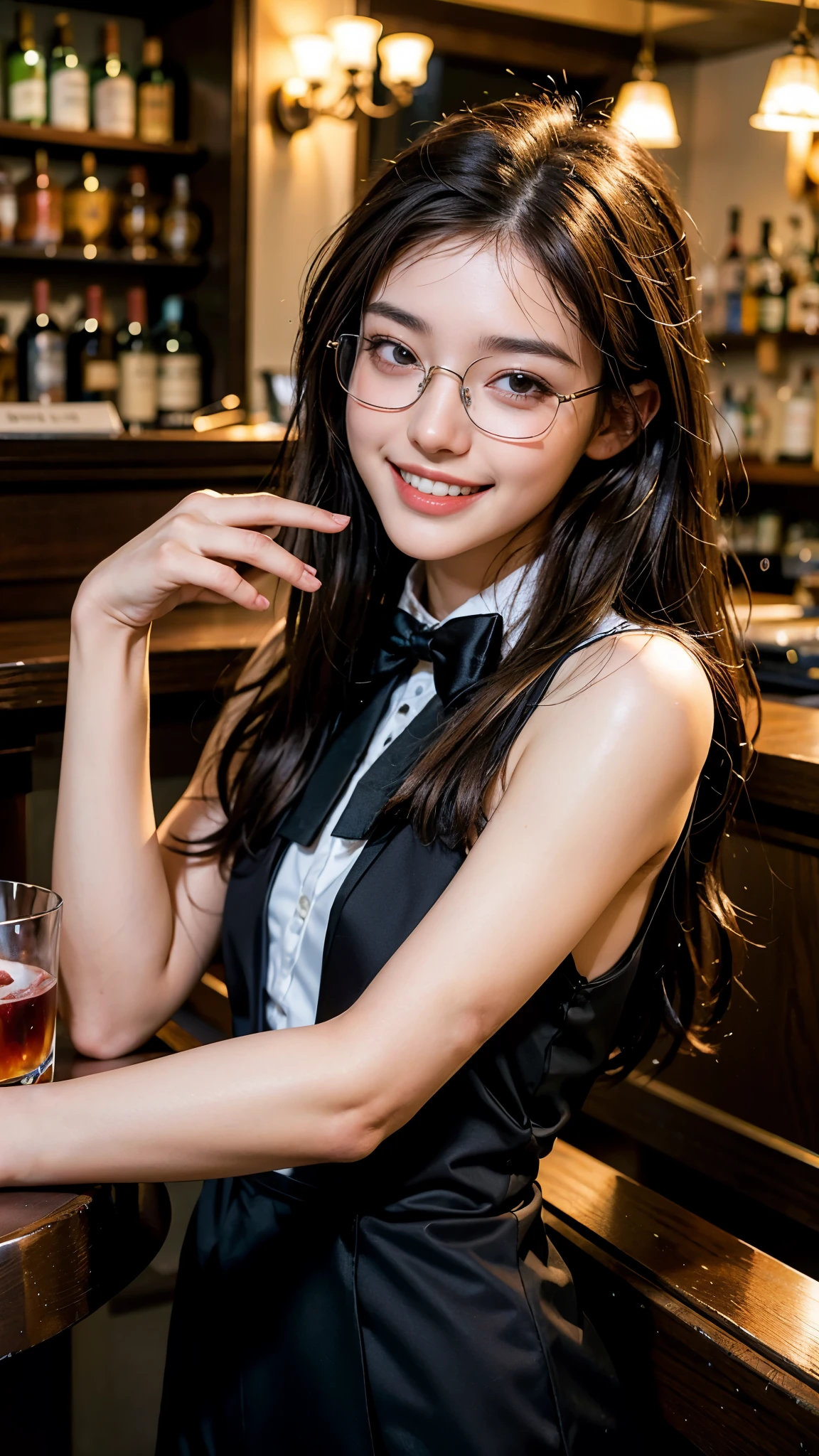 highest quality, masterpiece, ultra high resolution, (realistic:1.3), (close portrait) RAW photo, 1 girl, 22 years old((tuxedo with bow tie)),((Bar Lounge)),((Bartender costumes)),((square glasses with thin black frames)),(long hair),masterpiece, realistic pictures,((Medium chest)),((toothy smile)),brown hair