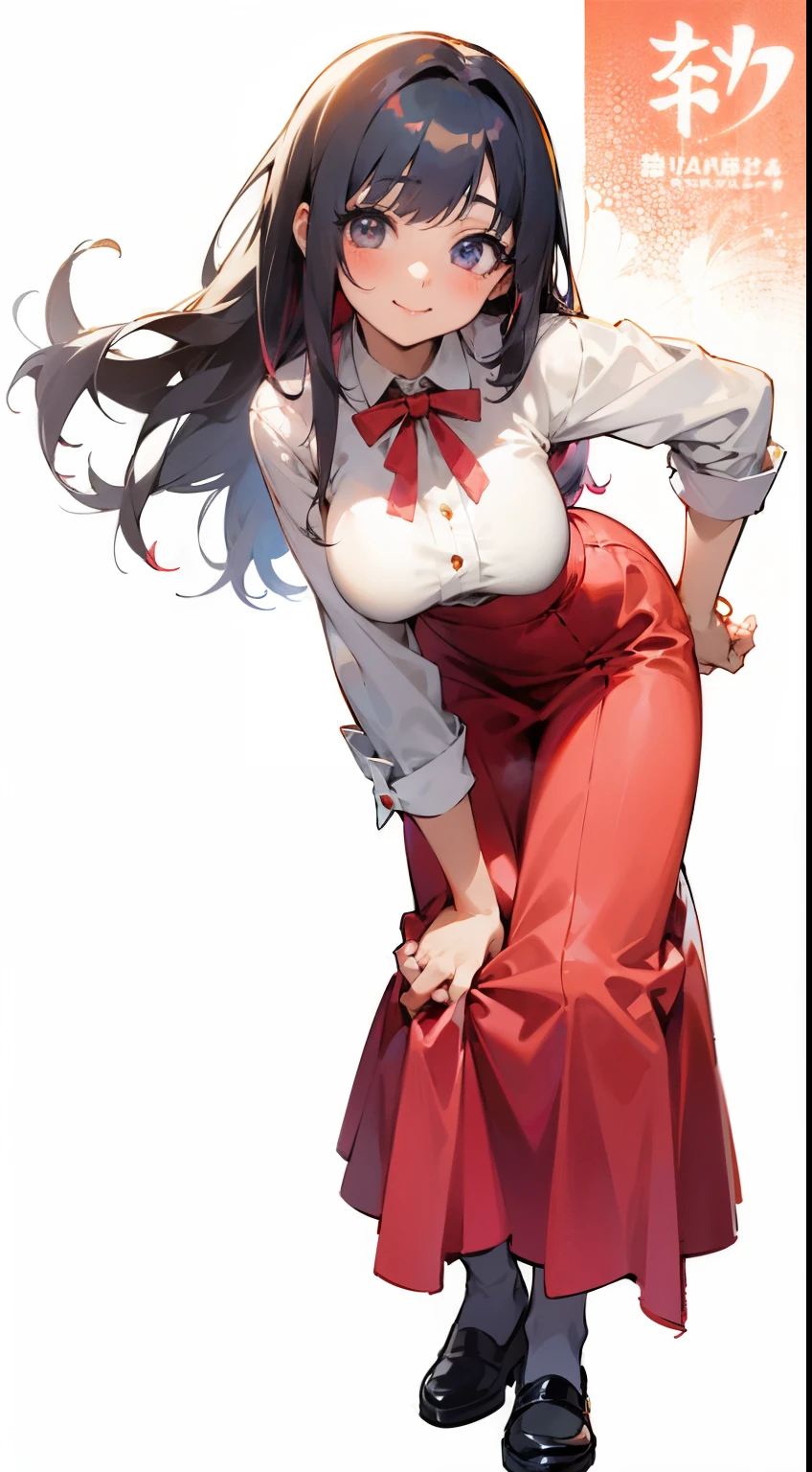 Anime girl in red long skirt and white shirt、 smile. tall, , anime moe art style, , official art, Extend your right hand towards you、Pose to pass with hand、a little bent over、whole body、leather shoes、big breasts、black hair、turn your palms up