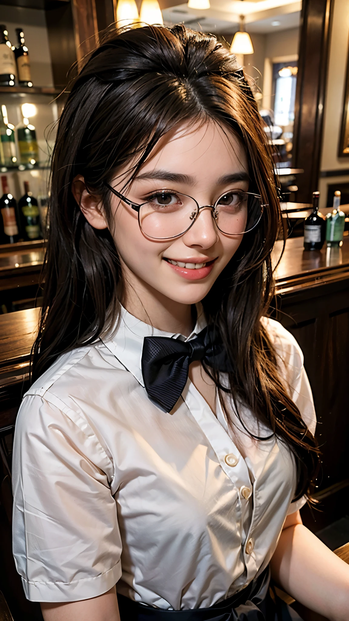 highest quality, masterpiece, ultra high resolution, (realistic:1.3), (close portrait) RAW photo, 1 girl, 22 years old((tuxedo with bow tie)),((Bar Lounge)),((Bartender costumes)),((square glasses with thin black frames)),(long hair),masterpiece, realistic pictures,((Medium chest)),((toothy smile)),brown hair