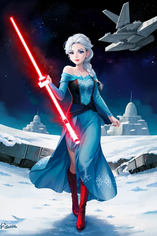 Disney princess from Frozen dressed in Sith clothes and holding a red Star Wars style lightsaber in her hands, with war spaceships in the background