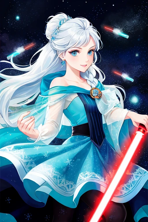 Disney princess from Frozen dressed in Sith clothes and holding a red Star Wars style lightsaber in her hands, with war spaceships in the background