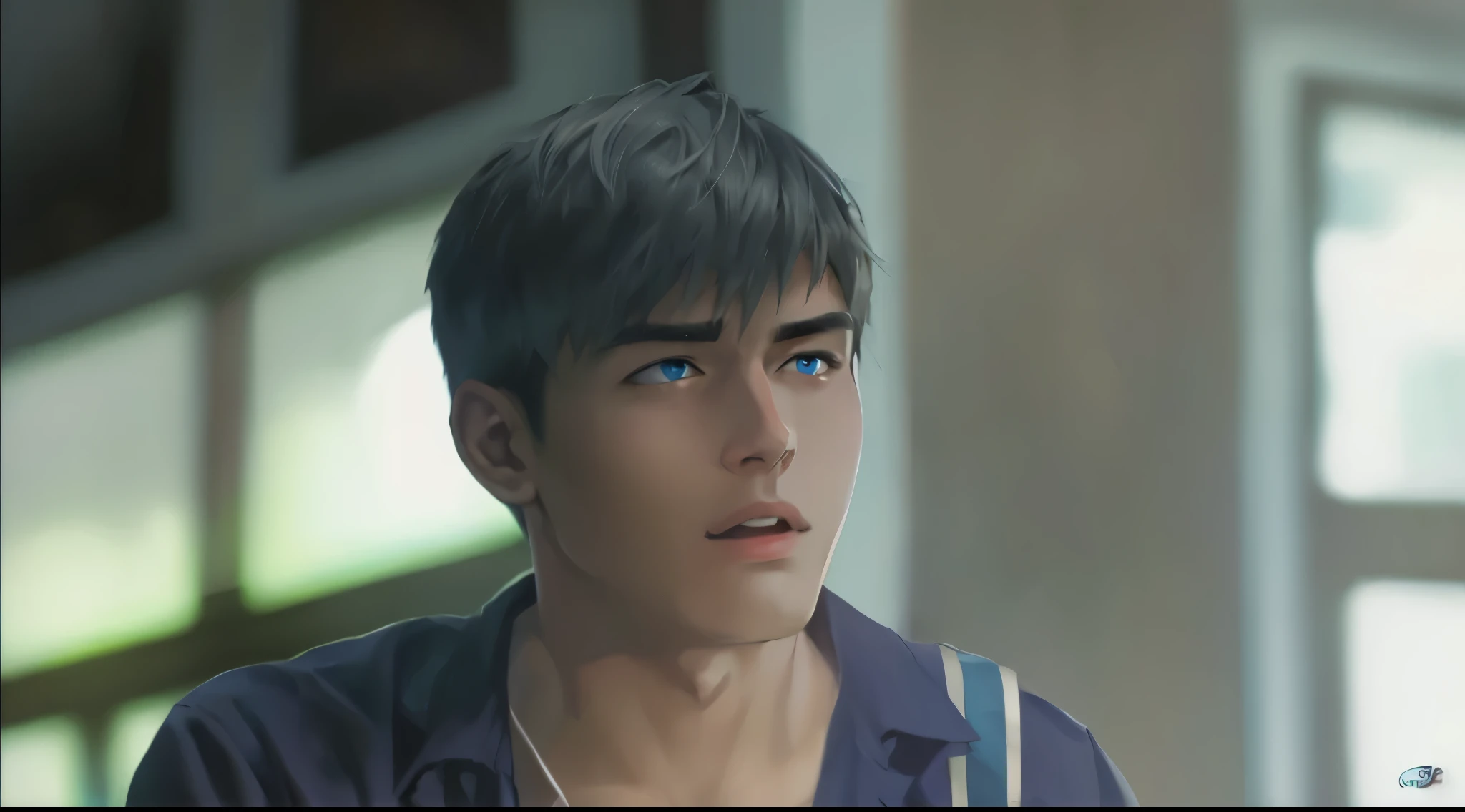 18 year old young man listening to someone, he has silver hair, blue eyes, he is somewhat surprised.