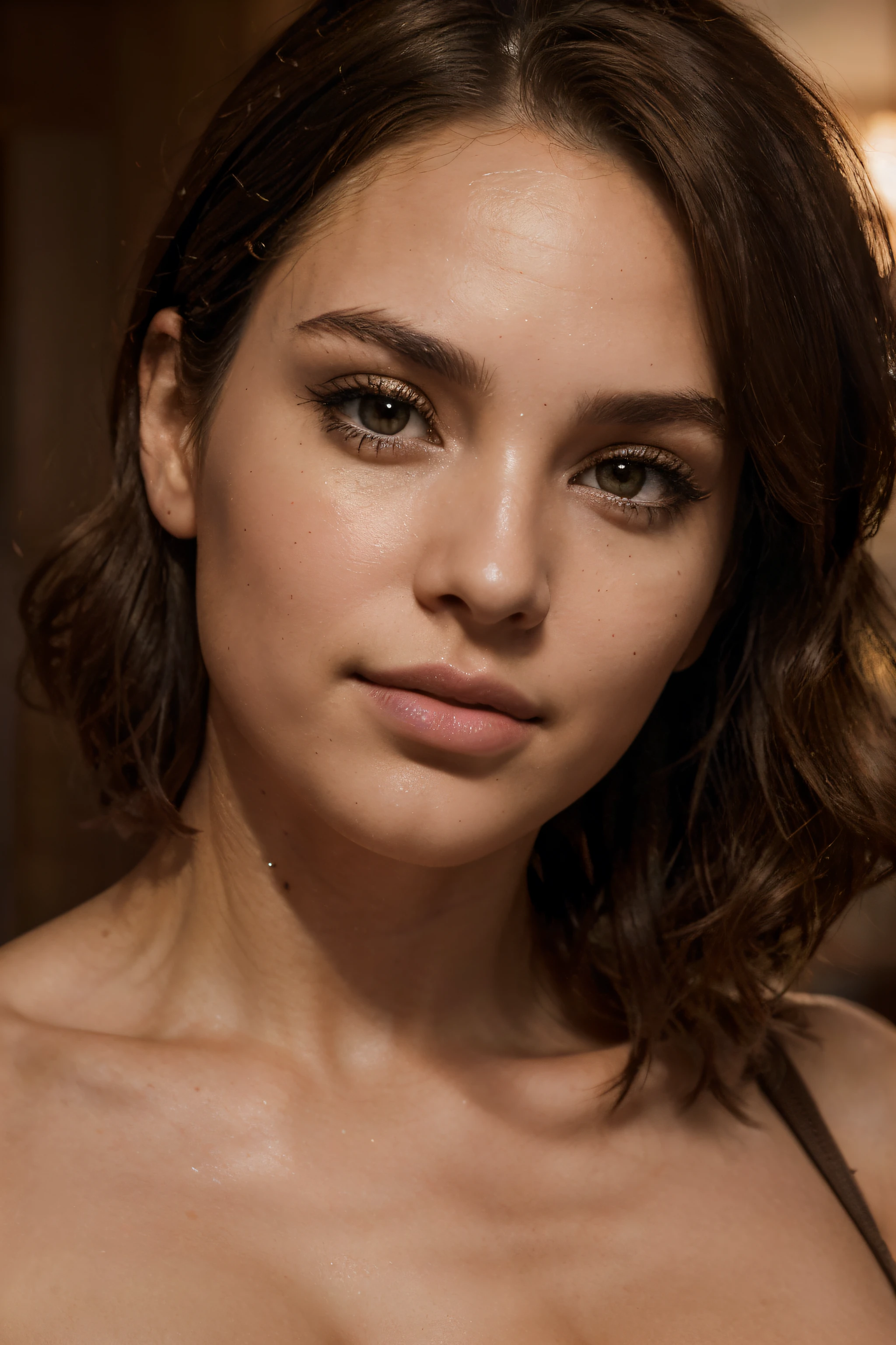 Breathtaking cinematic photo of a 30 year old girl with cabelo castanho and olhos castanhos, feliz, happy expression, boca fechada, Lindo lips, detalhes intrincados, profundidade superficial de campo, altamente detalhado, high budget, Hollywood epic movie, maravilhoso, obra de arte, premiado, profissional, altamente detalhado, textura detalhada da pele, (corar: 0.5), (arrepio: 0.5). (the most Lindo woman in the world) (cabelo castanho) (Cabelo cacheado curto, cabelo selvagem, corte elegante) rosto fino, nariz fino, Lindo, very Lindo, perfeito face, delgado body (delgado), (cabelo castanho) (olhos castanhos ) (Pele branca) corpo bonito, face ocidental, Predatory eyes, Pink lips, coxas grossas. corpo todo, beleza ocidental, nariz fino, Lindo, perfeito, ((melhor qualidade)), ((ultra resolution)), ((fotorrealista: 1.4)), (detalhes intrincados), perfeito face, inventar: 1.5 , rosto claro, Detalhes faciais. vista frontal ((uniforme, tactical bodysuit, fantasia de agente, SPY))bikini