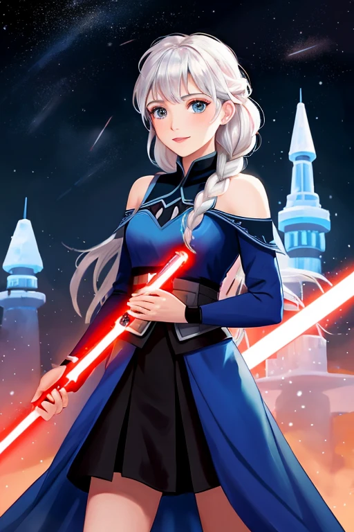 Disney princess from Frozen dressed in Sith clothes and holding a red Star Wars style lightsaber in her hands, with war spaceships in the background