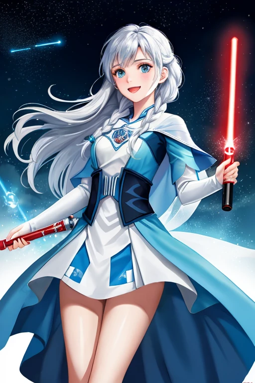 Disney princess from Frozen dressed in Sith clothes and holding a red Star Wars style lightsaber in her hands, with war spaceships in the background