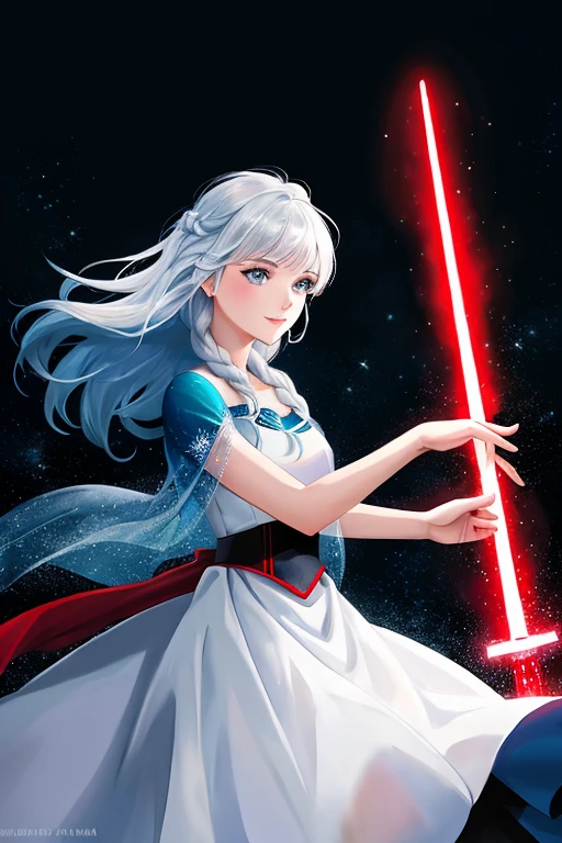 Disney princess from Frozen dressed in Sith clothes and holding a red Star Wars style lightsaber in her hands, with war spaceships in the background