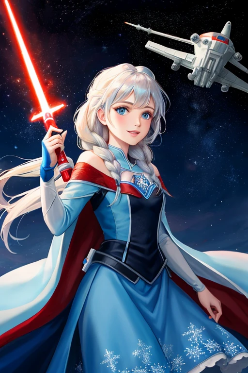Disney princess from Frozen dressed in Sith clothes and holding a red Star Wars style lightsaber in her hands, with war spaceships in the background
