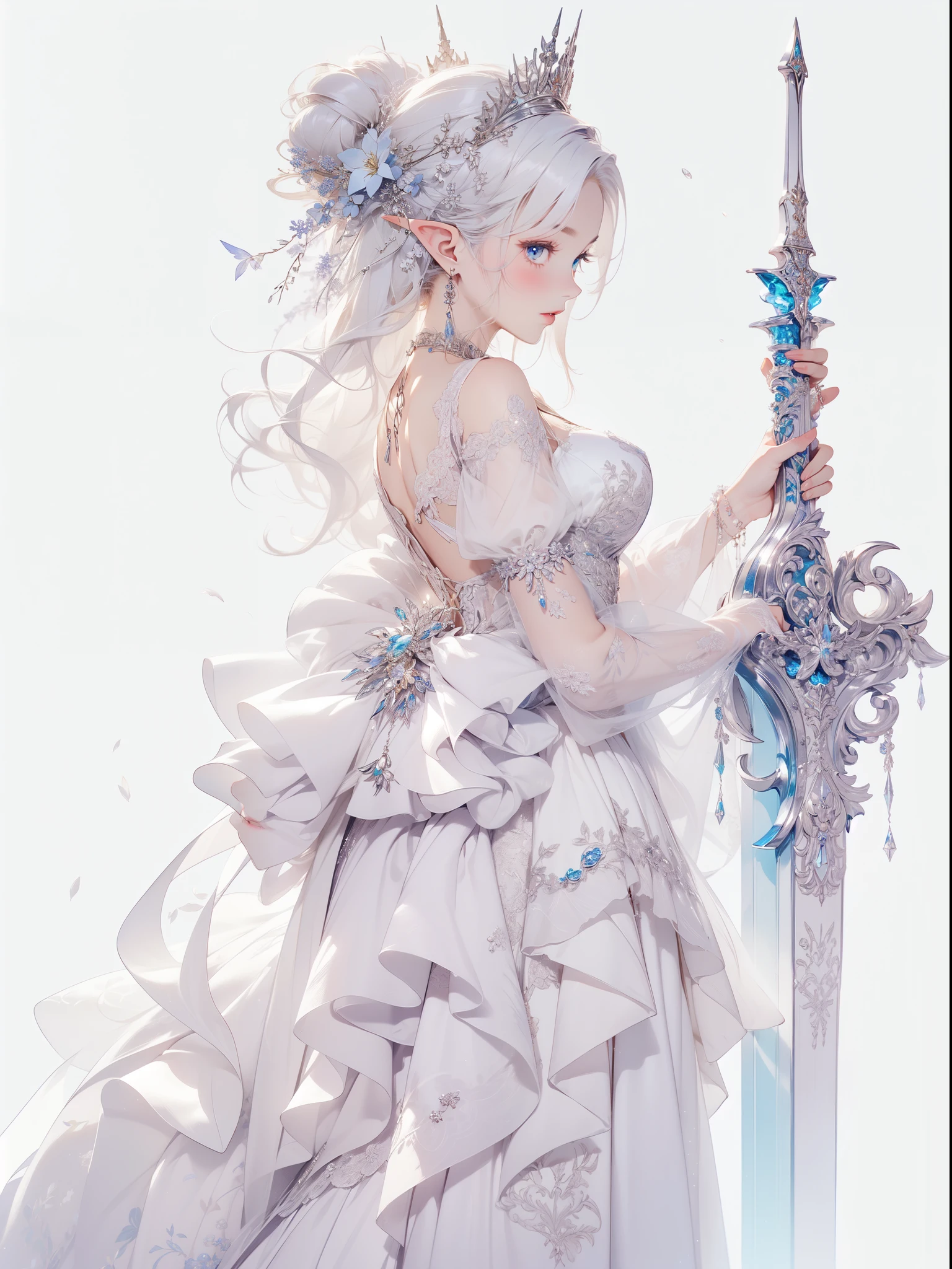 ((8k wallpaper of extremely detailed CG unit, ​masterpiece, hight resolution, top-quality, top-qualityのリアルテクスチャスキン)), (very beautiful and attractive elf queen), The ((elf)) queen, with an air of determination, draws her sword in a simple yet elegant setting adorned with delicate flowers, her cream-colored dress adding a touch of regal grace to the scene, (messy, white shining hair, blue eyes, shining eyes, Plump lips, white-skinned, medium breast), 