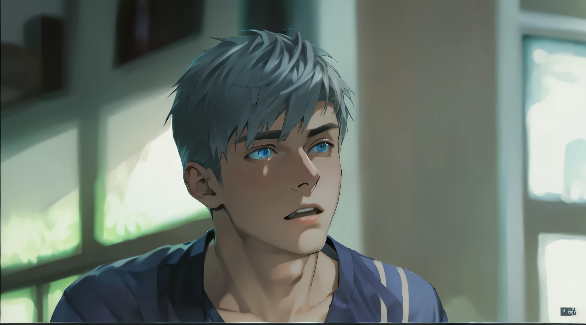 18 year old young man listening to someone, he has silver hair, blue eyes, he is somewhat surprised.