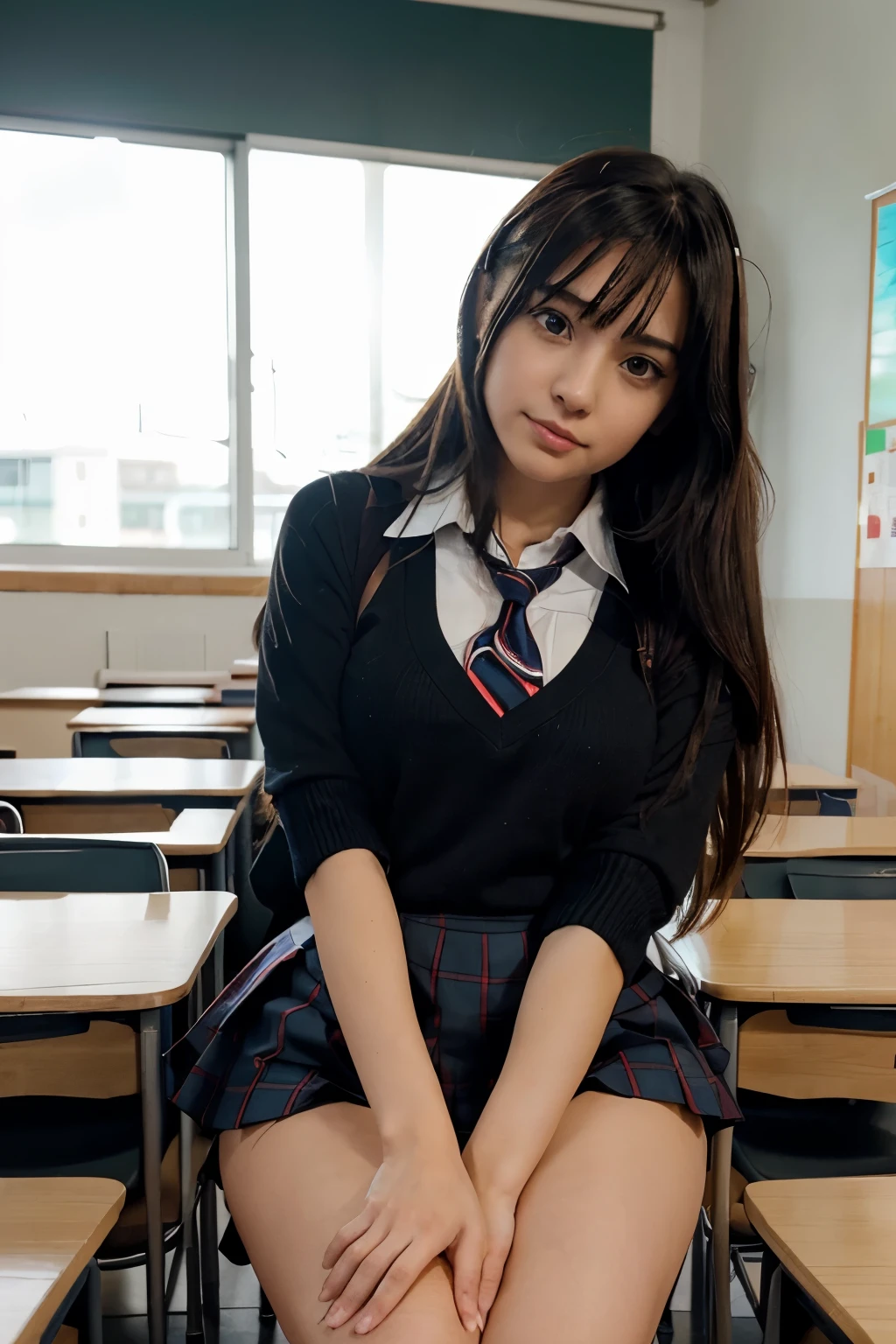 anime girl in school uniform sitting in a classroom with her legs crossed, a hypercolegiala realista, hypercolegiala realista, colegiala realista, beautiful anime high Chica de escuela, chica anime seductora, lindo , hermosa chica anime en cuclillas, the anime girl is crouching, Hermoso y atractivo anime adolescente, Chica de escuela, estilo anime ecchi, ecchi