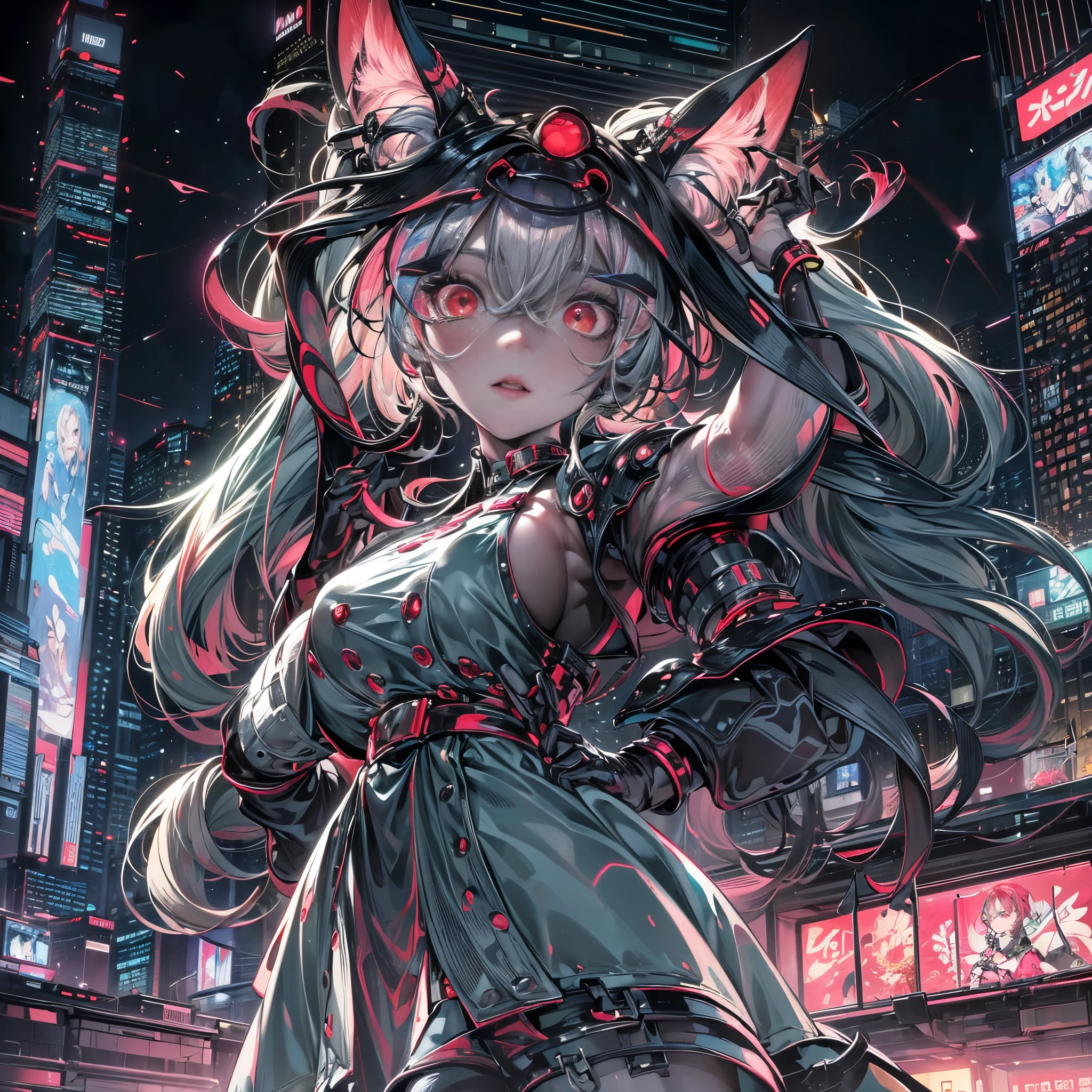 cinematic lighting,super dense skin、Beautiful quality with attention to detail,perfect anatomy,(replace、dim color, pleasant tone:1.3),mid journey anime style(Detailed beautiful facial features、red eyes:1.3)（Girl wearing a cyber style maid outfit with an apron、Girl playing the piano:1.4）、（cyberpunk style apron、hands and feet are machines:1.5）BREAK（Playing a grand piano that shines in green neon lights、highly detailed hands and feet:1.3）BREAK、(Big city buildings at night、building rooftop、overlooking a skyscraper:1.2)dynamism（the night deepens、shining moon、beautiful night:1.5）monster cat girl、whole body