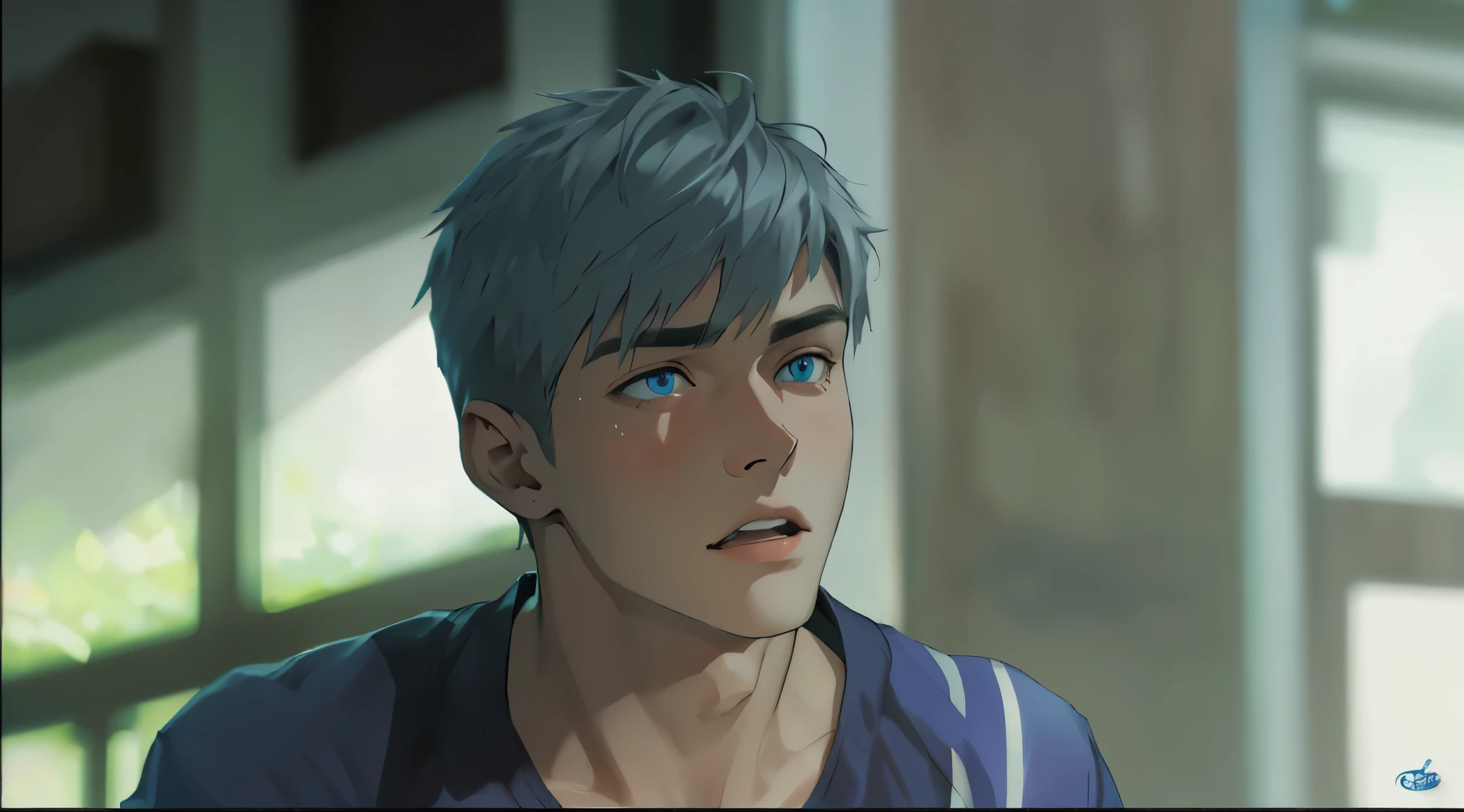 18 year old young man listening to someone, he has silver hair, blue eyes, he is somewhat surprised.