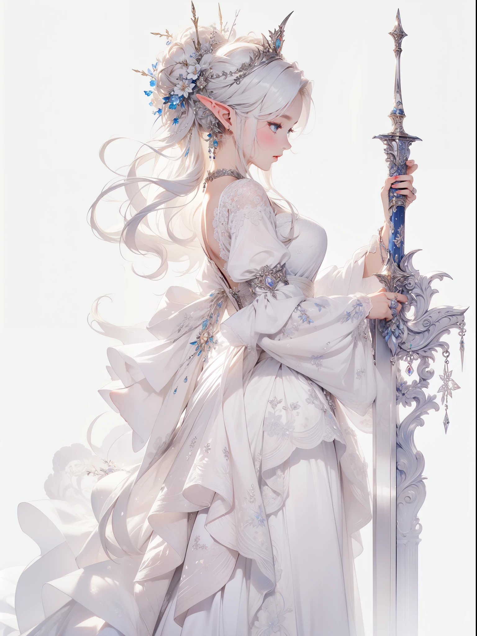 ((8k wallpaper of extremely detailed CG unit, ​masterpiece, hight resolution, top-quality, top-qualityのリアルテクスチャスキン)), (very beautiful and attractive elf queen), The ((elf)) queen, with an air of determination, draws her sword in a simple yet elegant setting adorned with delicate flowers, her cream-colored dress adding a touch of regal grace to the scene, (messy, white shining hair, blue eyes, shining eyes, Plump lips, white-skinned, medium breast), 