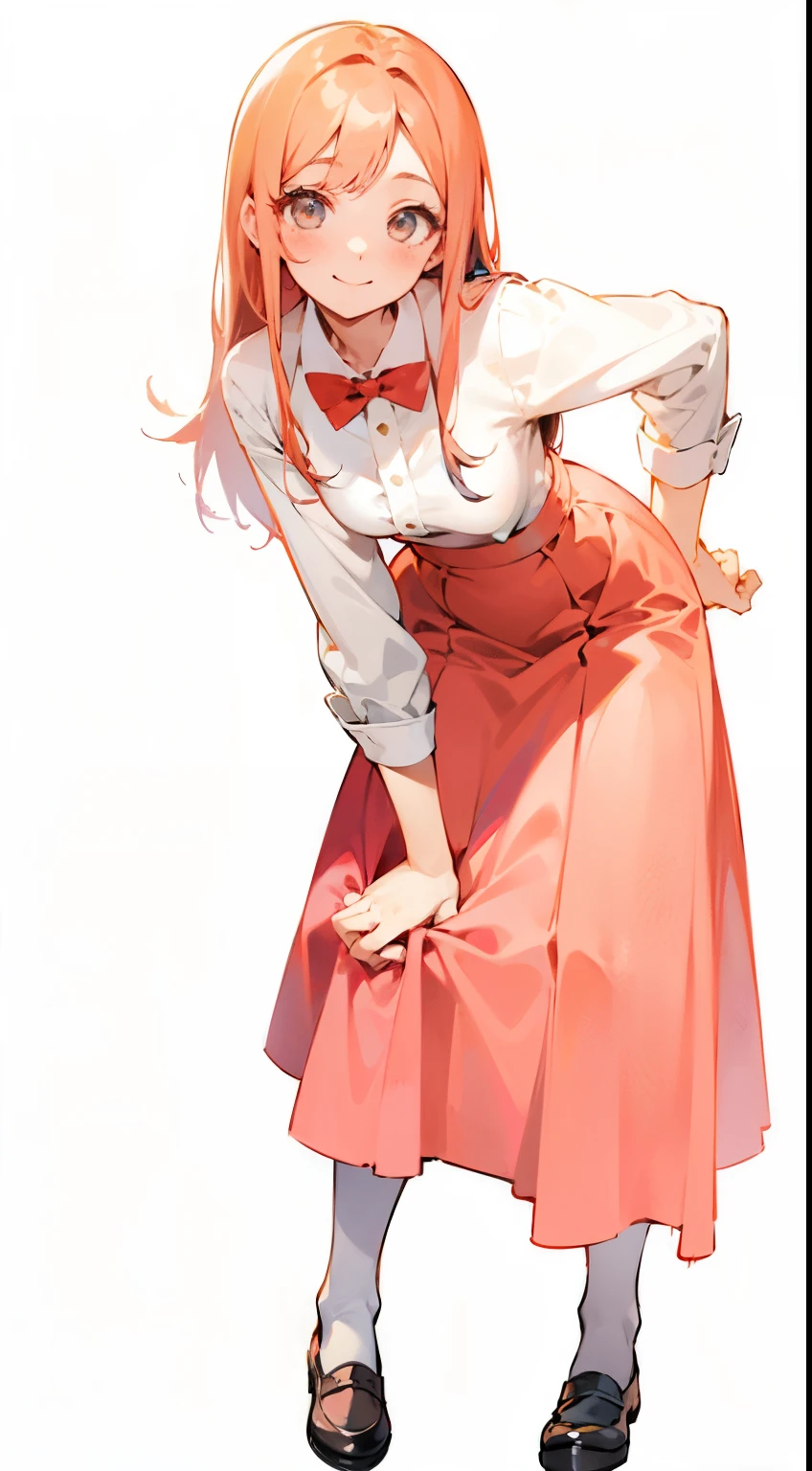Anime girl in red long skirt and white shirt、 smile. tall, , anime moe art style, , official art, Put your right hand forward、Pose to pass with hand、a little bent over、whole body、leather shoes