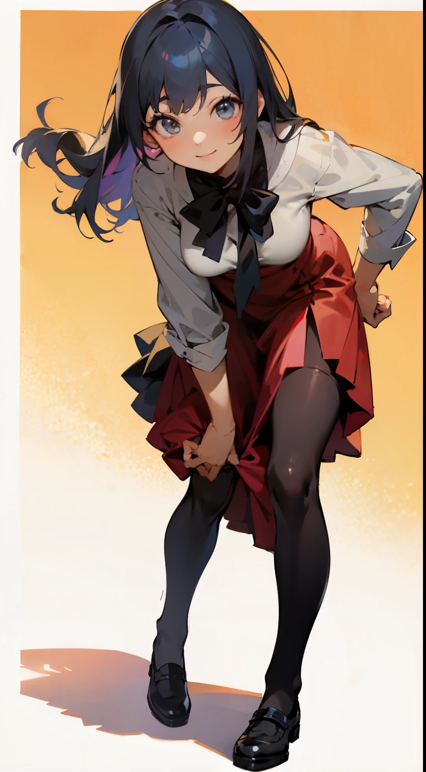 Anime girl in red long skirt and white shirt、smile、 Kushat・クレンツ, Sirabii, Kushat・ケンツ, smile. tall, Hanayamata, anime moe art style, Kushat, Gwythe, various poses, official art, Ilya Kuvshinov、Put your right hand forward、a little bent over、whole body、leather shoes