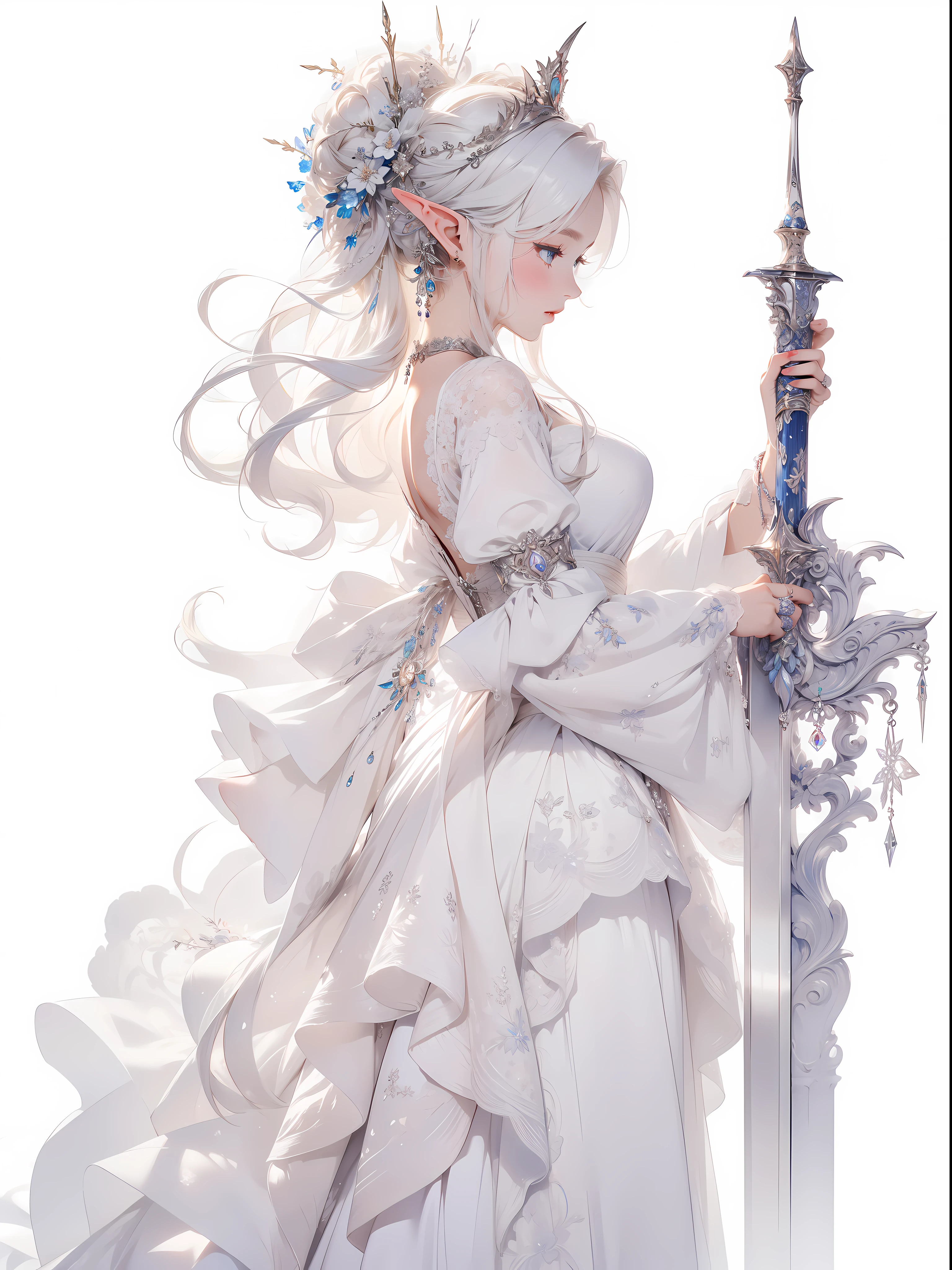 ((8k wallpaper of extremely detailed CG unit, ​masterpiece, hight resolution, top-quality, top-qualityのリアルテクスチャスキン)), (very beautiful and attractive elf queen), The ((elf)) queen, with an air of determination, draws her sword in a simple yet elegant setting adorned with delicate flowers, her cream-colored dress adding a touch of regal grace to the scene, (messy, white shining hair, blue eyes, shining eyes, Plump lips, white-skinned, medium breast), 