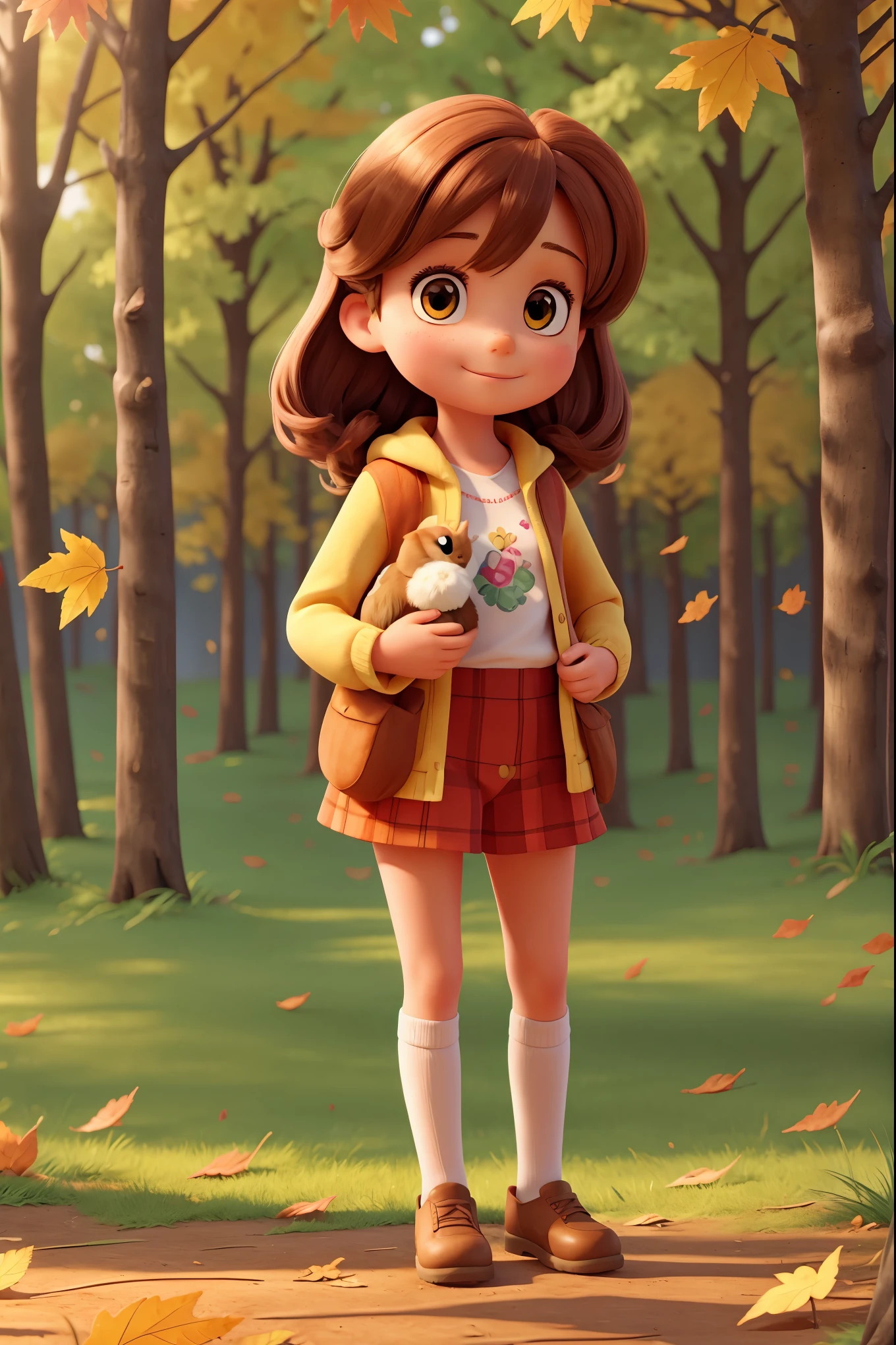 Create a bright, beautiful, sunny illustration of a gorgeous quality illustration of an -year-girl nding in the autumn forest and holding in her hands a fluffy cute rabbit standing on its hind legs