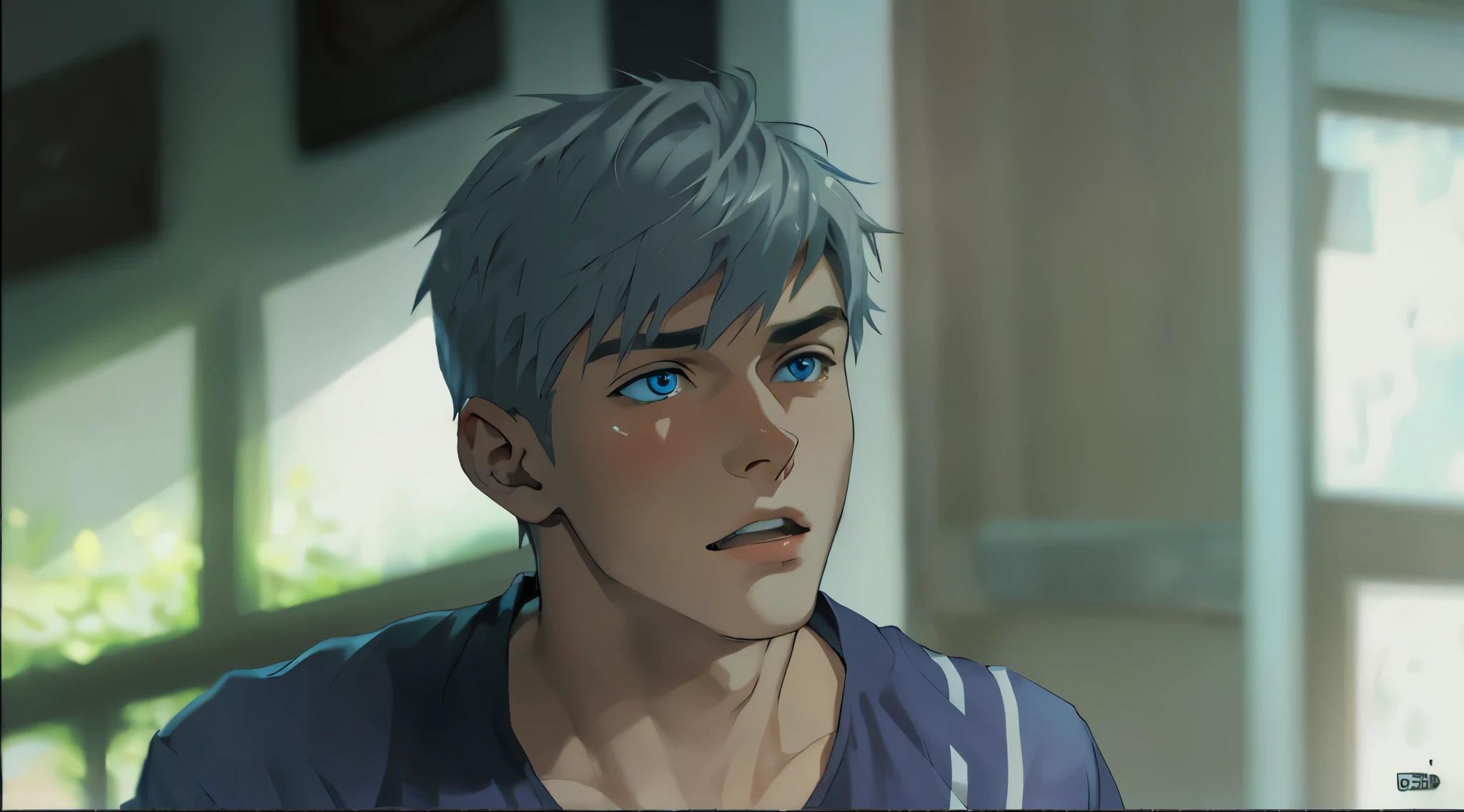 18 year old young man in an orange shirt listening to someone has silver hair blue eyes is somewhat surprised