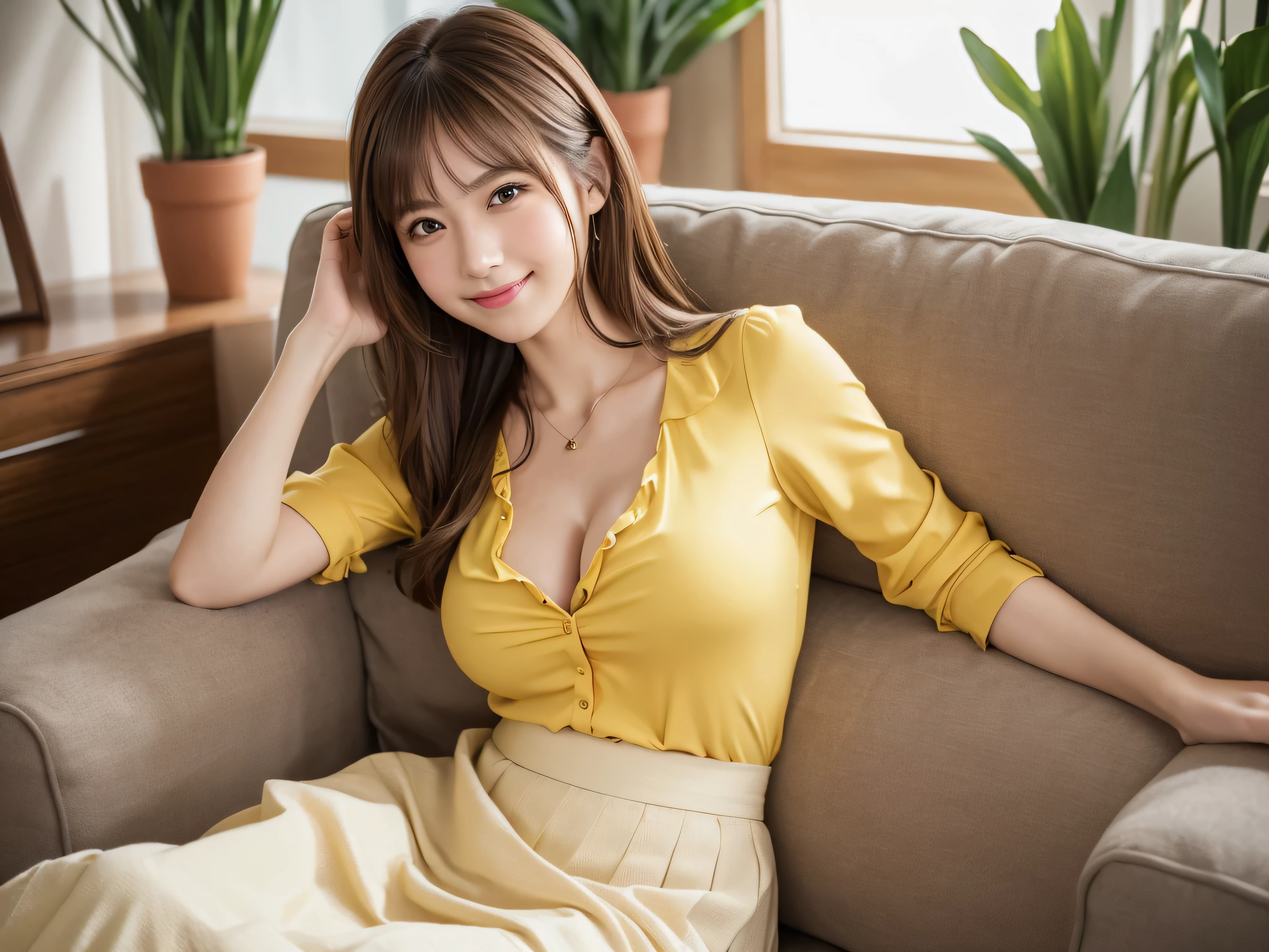 (1若い女の子very detailed美しい顔), great look and best quality:1.4), (super detailed), (very detailed CG 統合 8k 壁紙), very detailed, High resolution raw color photos, professional photography, realistic portrait, wonderful face and eyes, ((brown eyes)),(((big breasts))), (((Straight medium brown hair))), model, Depth of bounds written, , ((smile)),33 years old,(((yellow blouse))),(((white long skirt))),cleavage,(Lying on the couch),(Flower Shop)