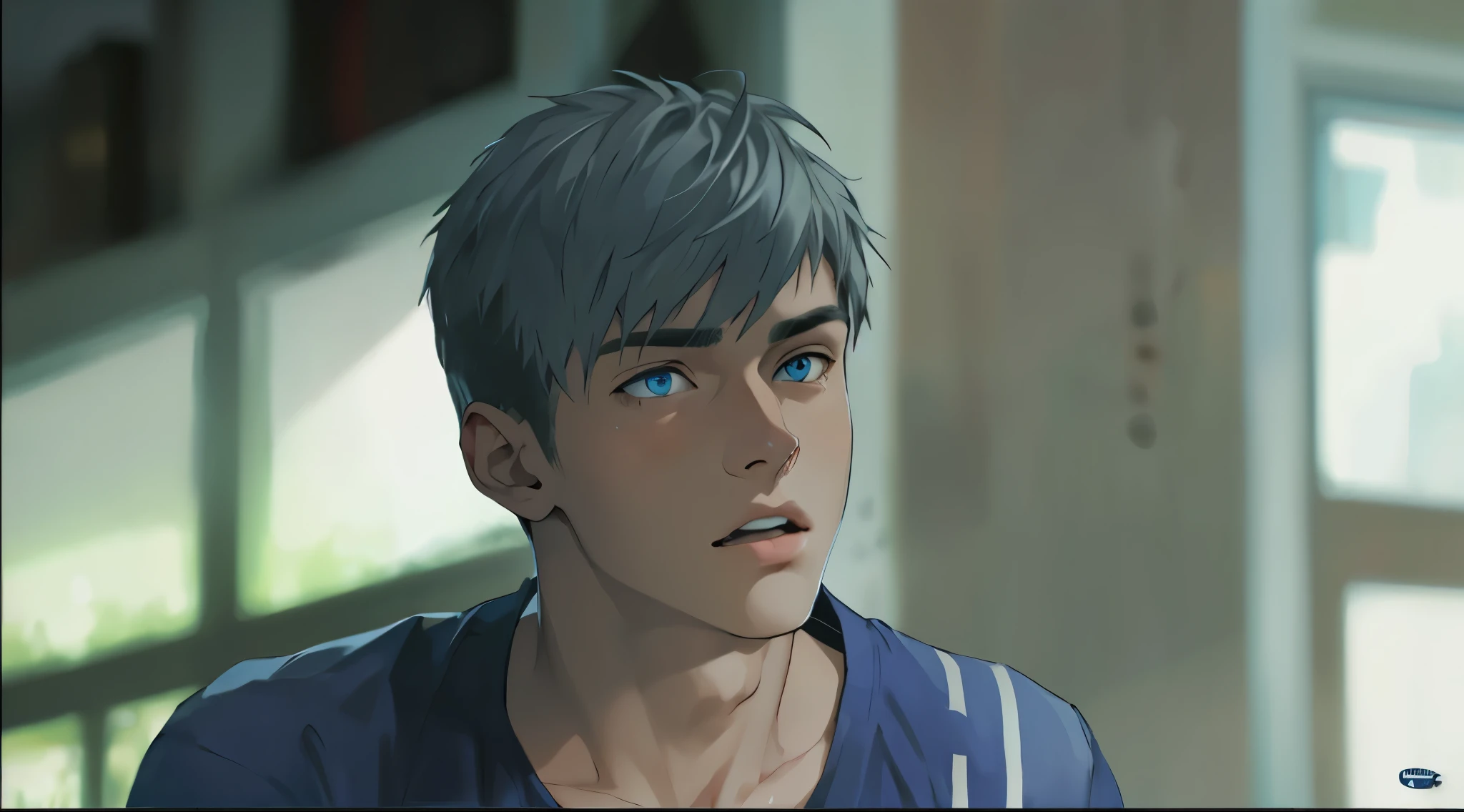 18 year old young man listening to someone, he has silver hair, blue eyes, he is somewhat surprised.