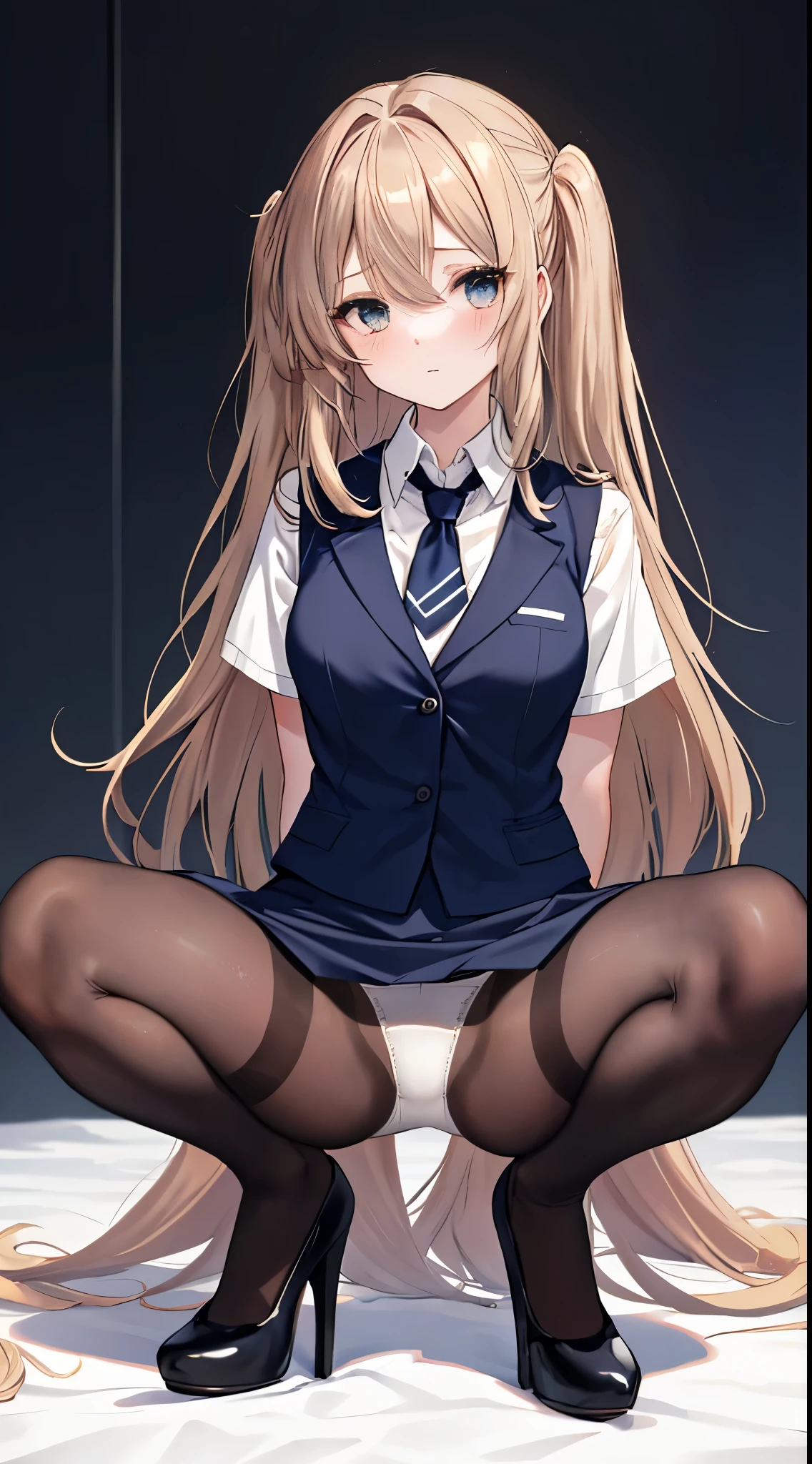 finest, masterpiece, High resolution, (Full-body view from head to toe), front, frontやや下からの構図, symmetry, 18 year old girl, alone, (whole body from head to toe), small breasts, brown hair, slightly messy hair, long hair, bangs, (black tights), ( (black pantyhose), black pantyhose, (squatting pose), (bondage), (spread your legs), (tie one'hands tied behind one's back'Came back), (her legs spread、You can see her white panties between her legs..), composition Show me your white panties, slender beautiful legs, とても美しい18 year old girl, (navy high heels), blush, shy big eyes, messy hair, looking at camera, Show me your white panties, Hide your arms behind your back, dark blue office lady uniform, dark blue pencil skirt, navy blue vest, beige cardigan