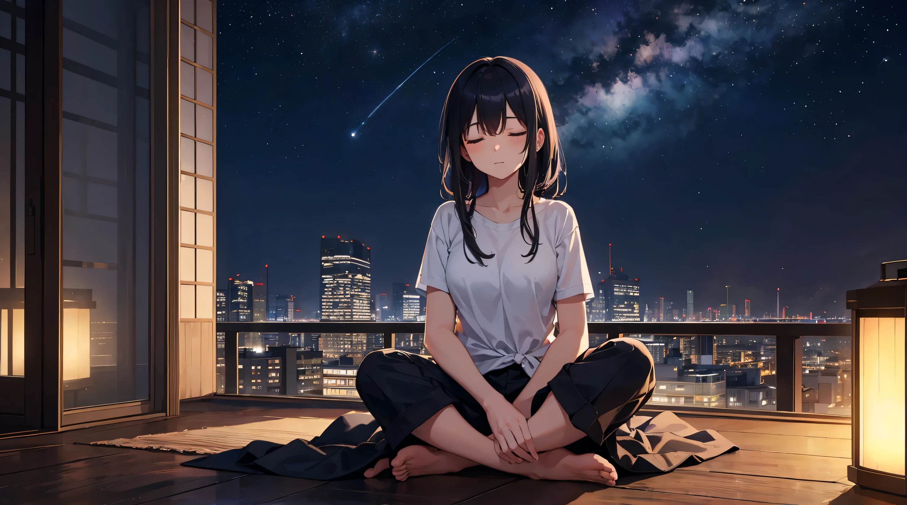 close your eyes，Girl sitting on the roof,Meditate while looking up at the stars in the night sky。on the distant horizon,You can see the silhouettes of skyscrapers。she felt the comfort of the night breeze。The whole scene is quiet and beautiful。